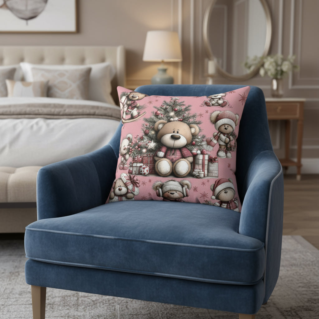 Decorative pillow with teddy bear and Christmas tree design on a pink background