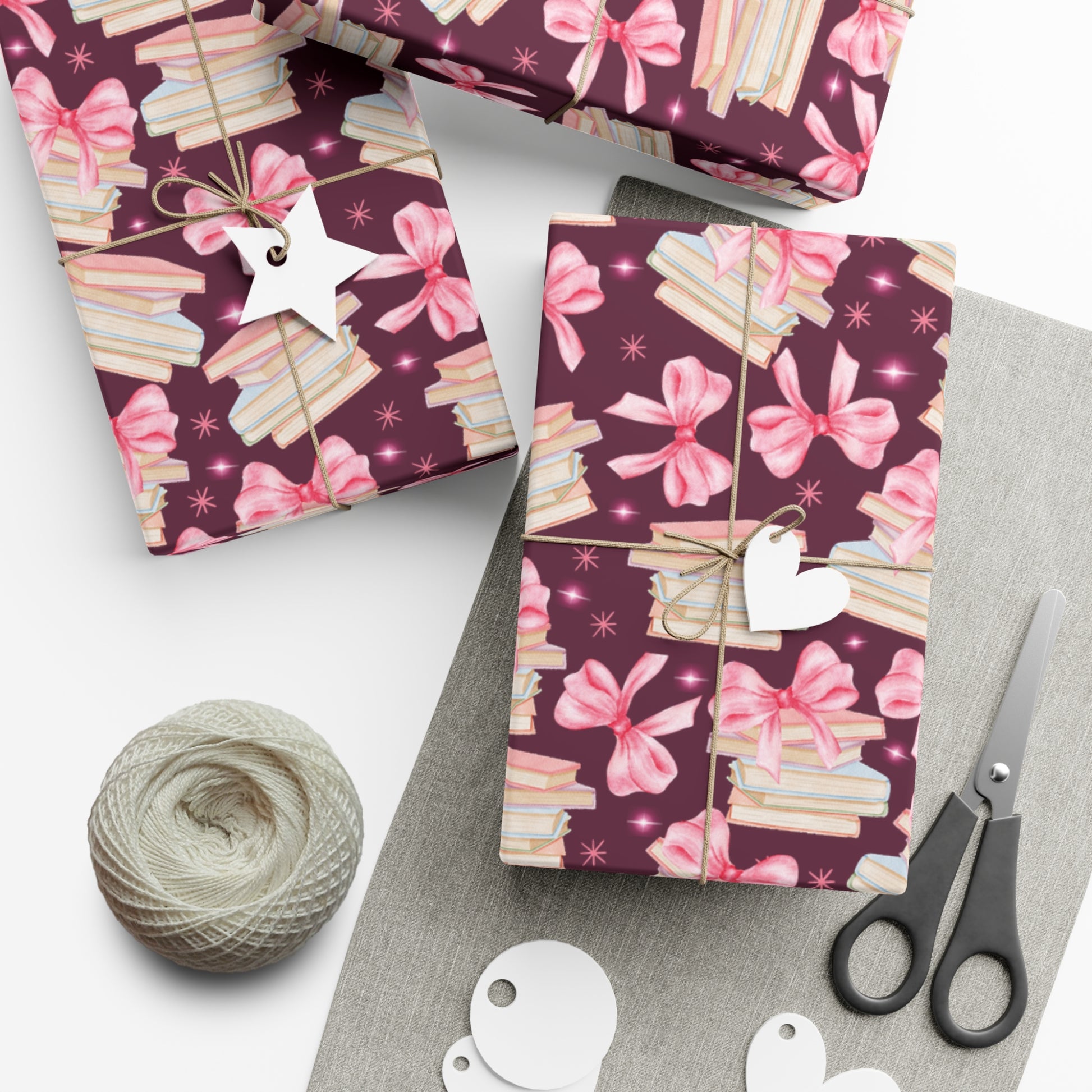 Coquette Pink Bows Books Plum Wrapping Paper Festive Holiday Gift Wrap with Perfect for Christmas Presents, Crafting, & Holiday Decor – Premium Quality - MRSBYVALLE