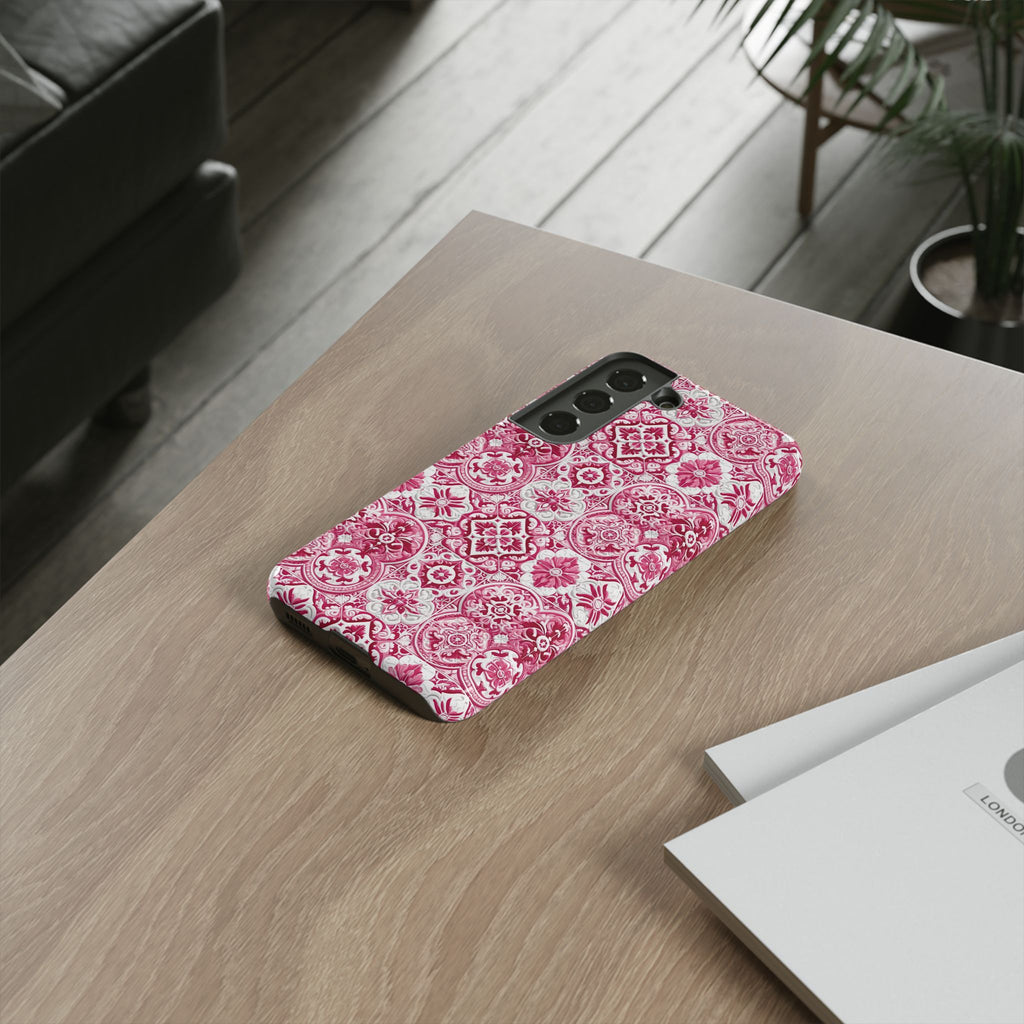 Pink and White Mediterranean Tile Design Phone Case - Stylish, Protective Cover for All Models Gift for Mom Accessory Gift for Her