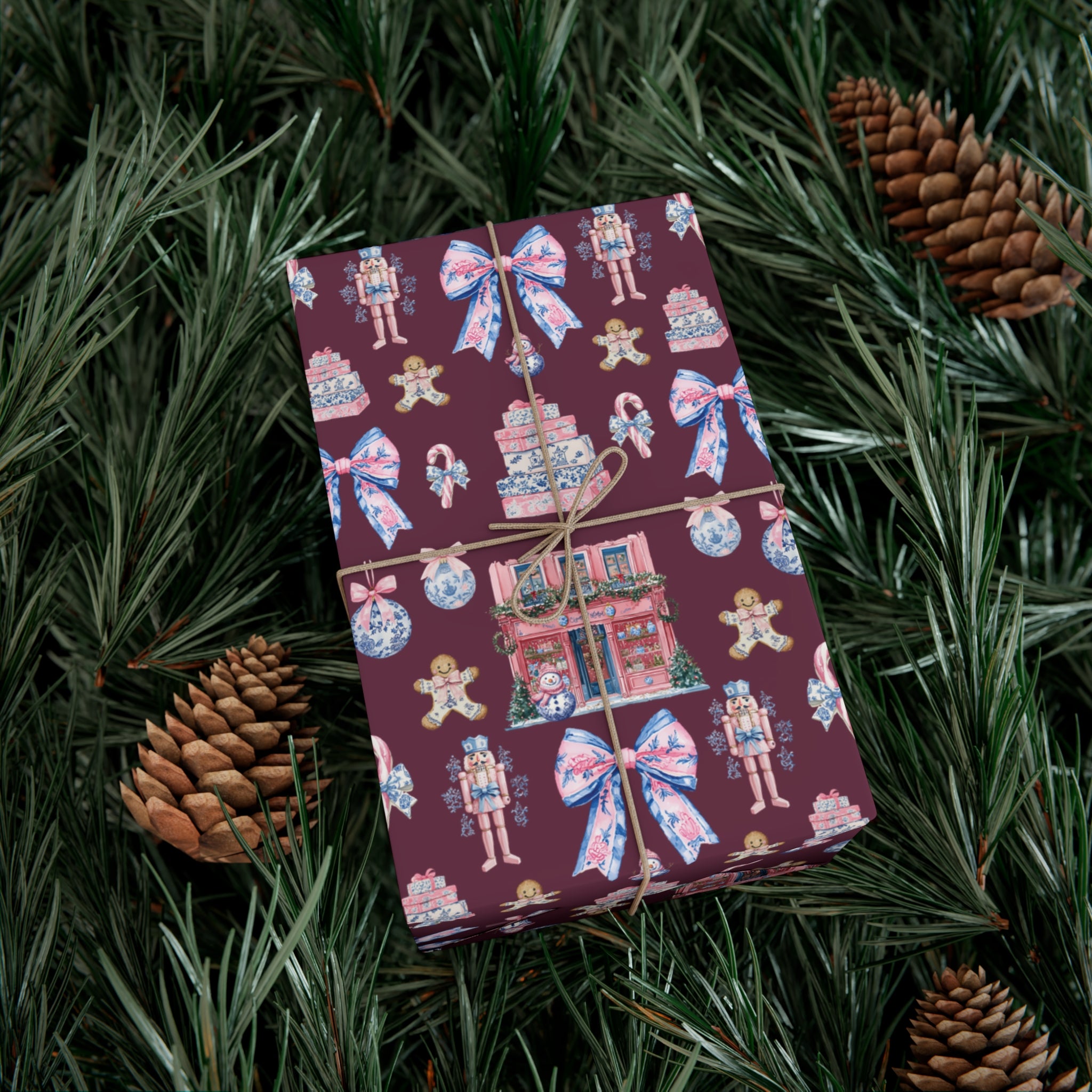 Pink & Blue Nutcracker Christmas Wrapping Paper with Bows & Holiday Elements – Ideal for Festive Gift Wrapping, Adding Cheer & Charm to Every Present Gifts - MRSBYVALLE