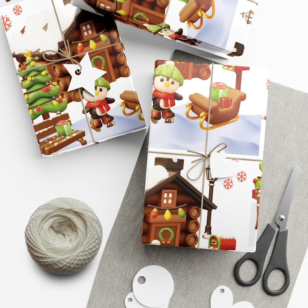 3D Illusion Penguin Wrapping Paper Cute Winter Penguin & Snow Cabin Scene, Festive Christmas Gift Wrap, Holiday Present Paper in 3 SizesPerfect for Seasonal Gifting