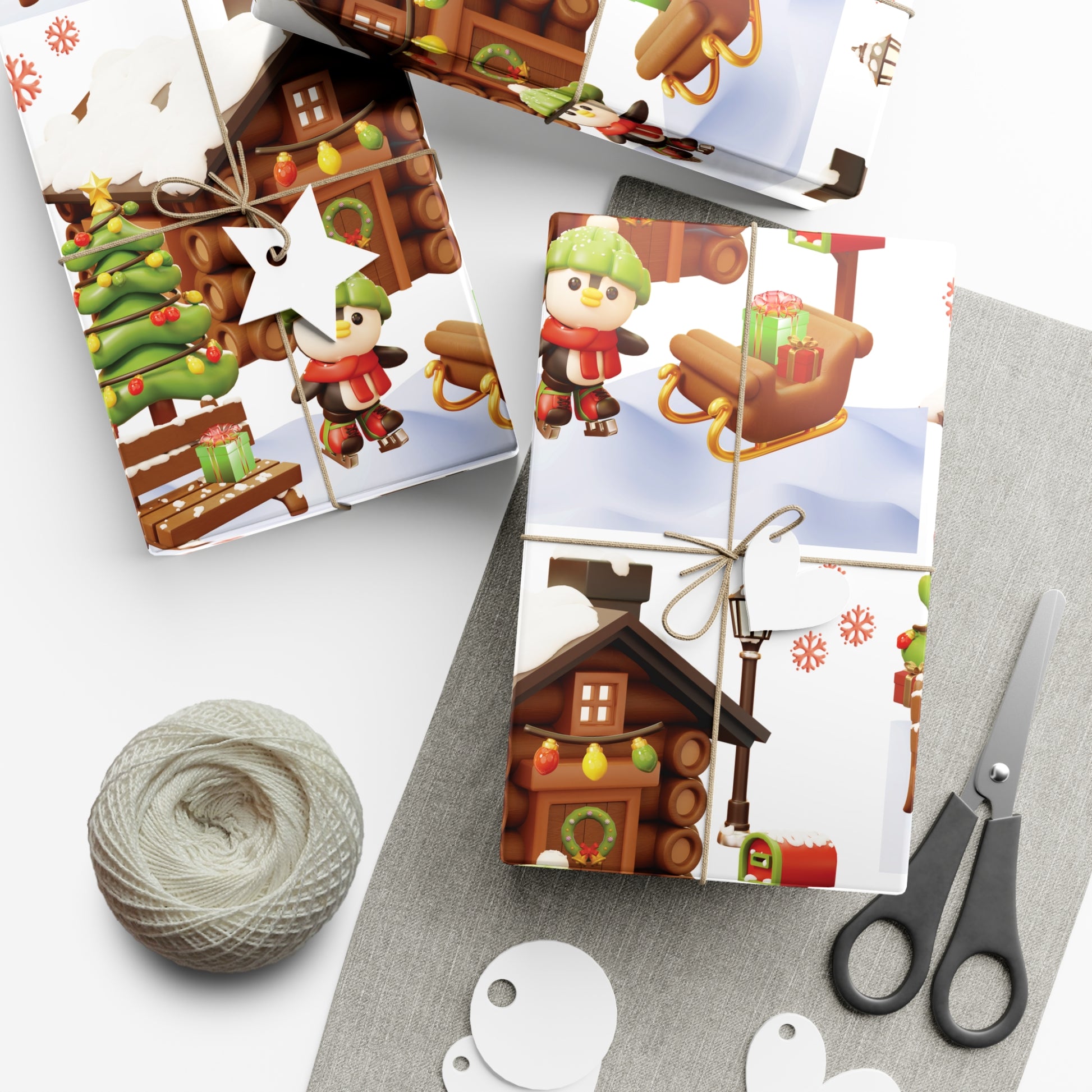 3D Illusion Penguin Wrapping Paper Cute Winter Penguin & Snow Cabin Scene, Festive Christmas Gift Wrap, Holiday Present Paper in 3 SizesPerfect for Seasonal Gifting