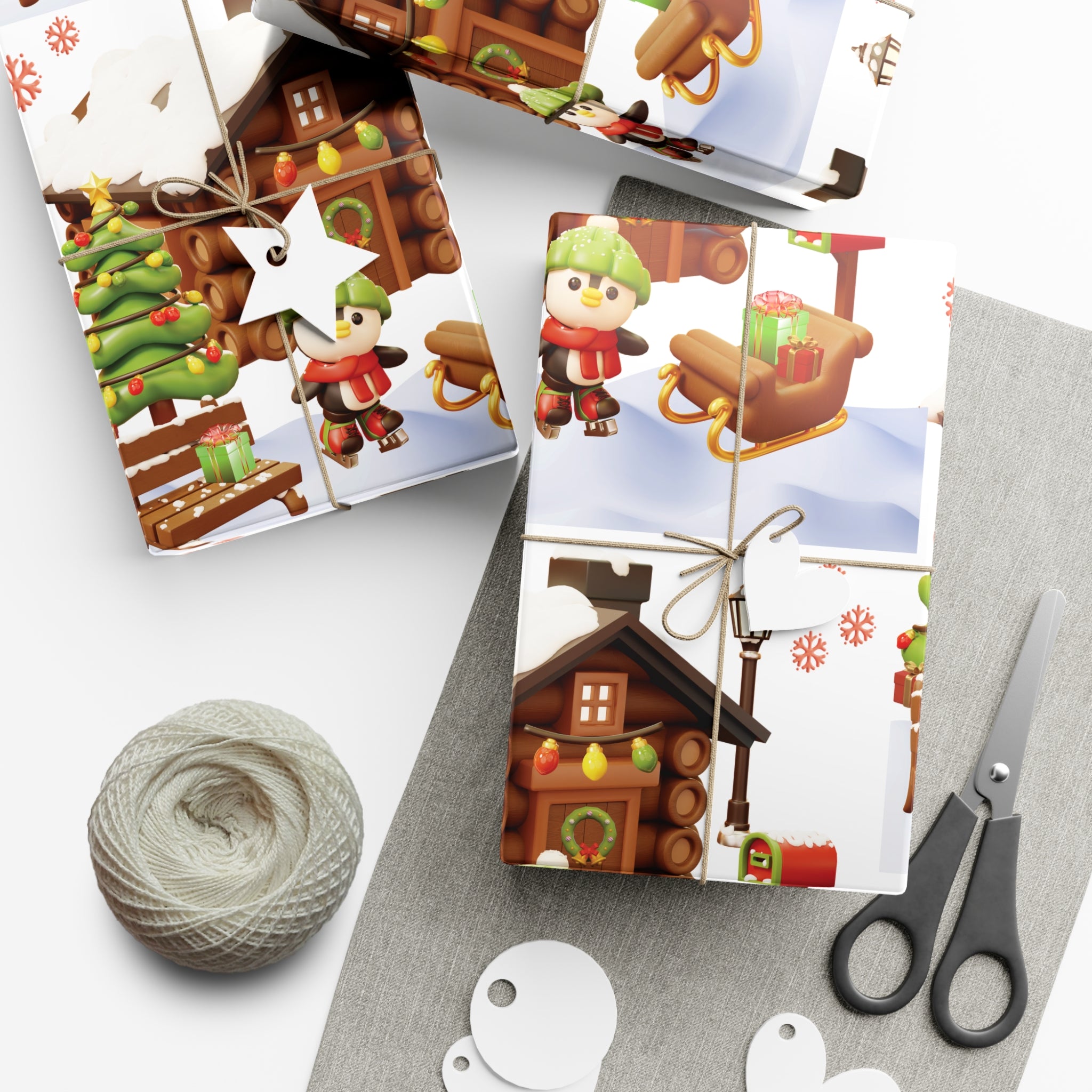 Papier Cadeau Illusion 3D Pingouin Motif Pingouin Hivernal Mignon et Scène de Cabane Sous la Neige, Papier Cadeau de Noël Festif, Papier Cadeau de Fêtes en 3 TaillesParfait pour les Cadeaux Saisonniers