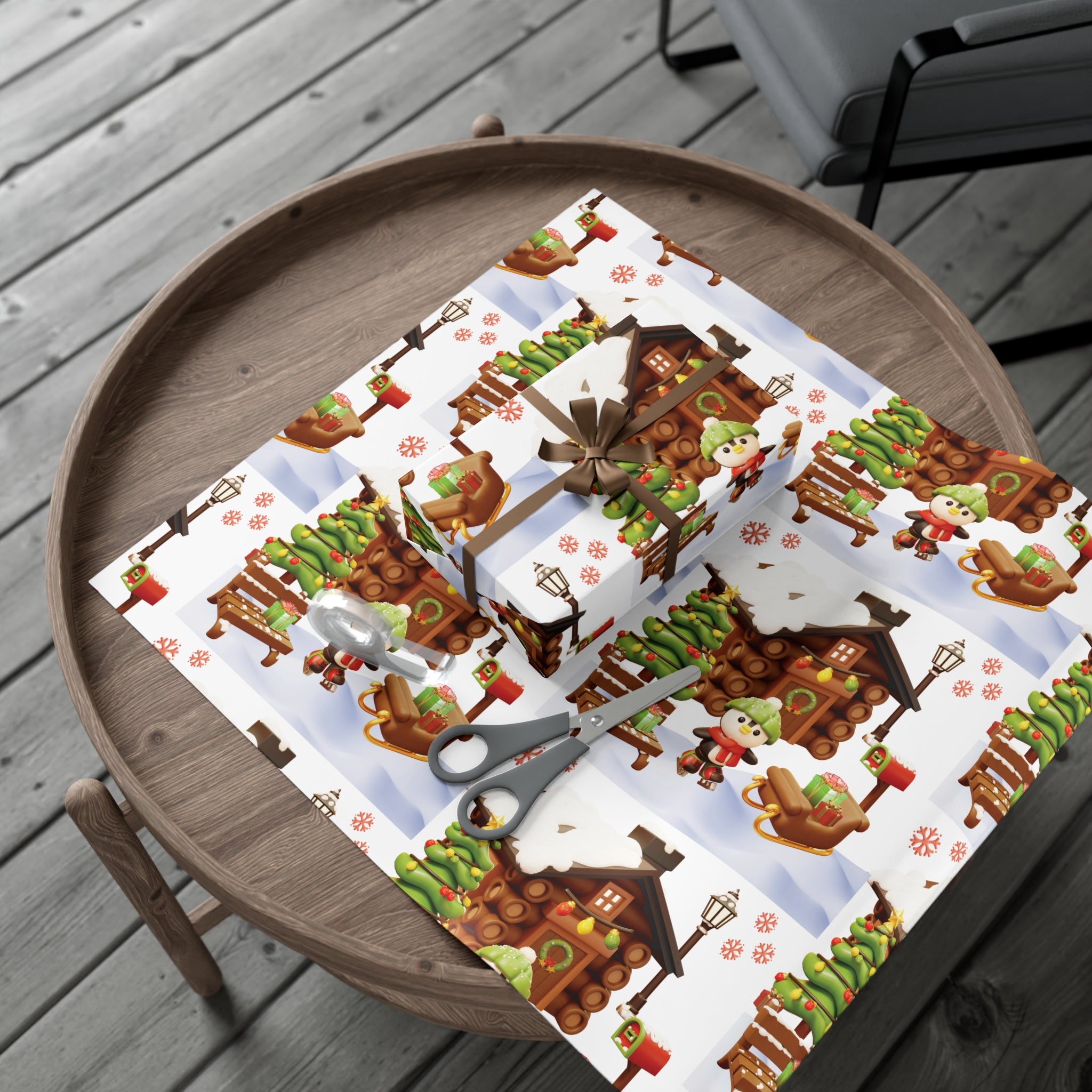 Papier Cadeau Illusion 3D Pingouin Motif Pingouin Hivernal Mignon et Scène de Cabane Sous la Neige, Papier Cadeau de Noël Festif, Papier Cadeau de Fêtes en 3 TaillesParfait pour les Cadeaux Saisonniers