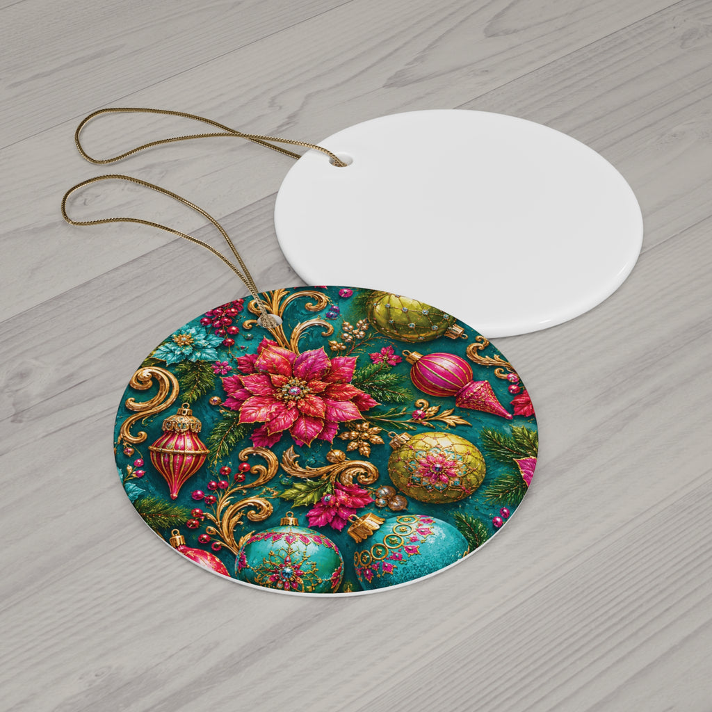 Poinsettia & Baubles Ceramic Ornament — Round Christmas Tree Decoration