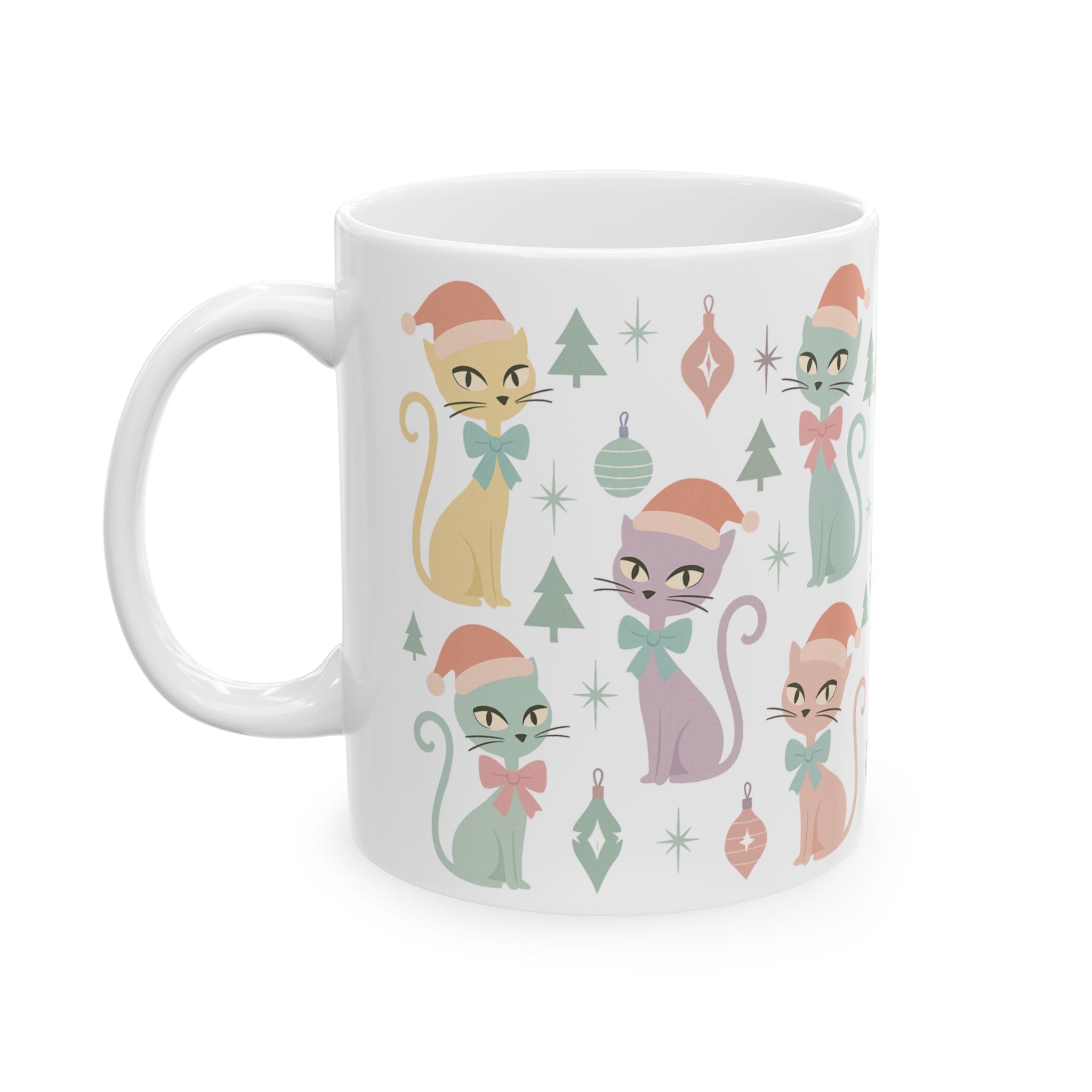 Pastel Atomic Cat Mug, Retro Mid Century Modern Coffee Cup, Vintage Kitty Design with Coquette Bow, 11oz & 15oz Ceramic Mug for Cat Lovers