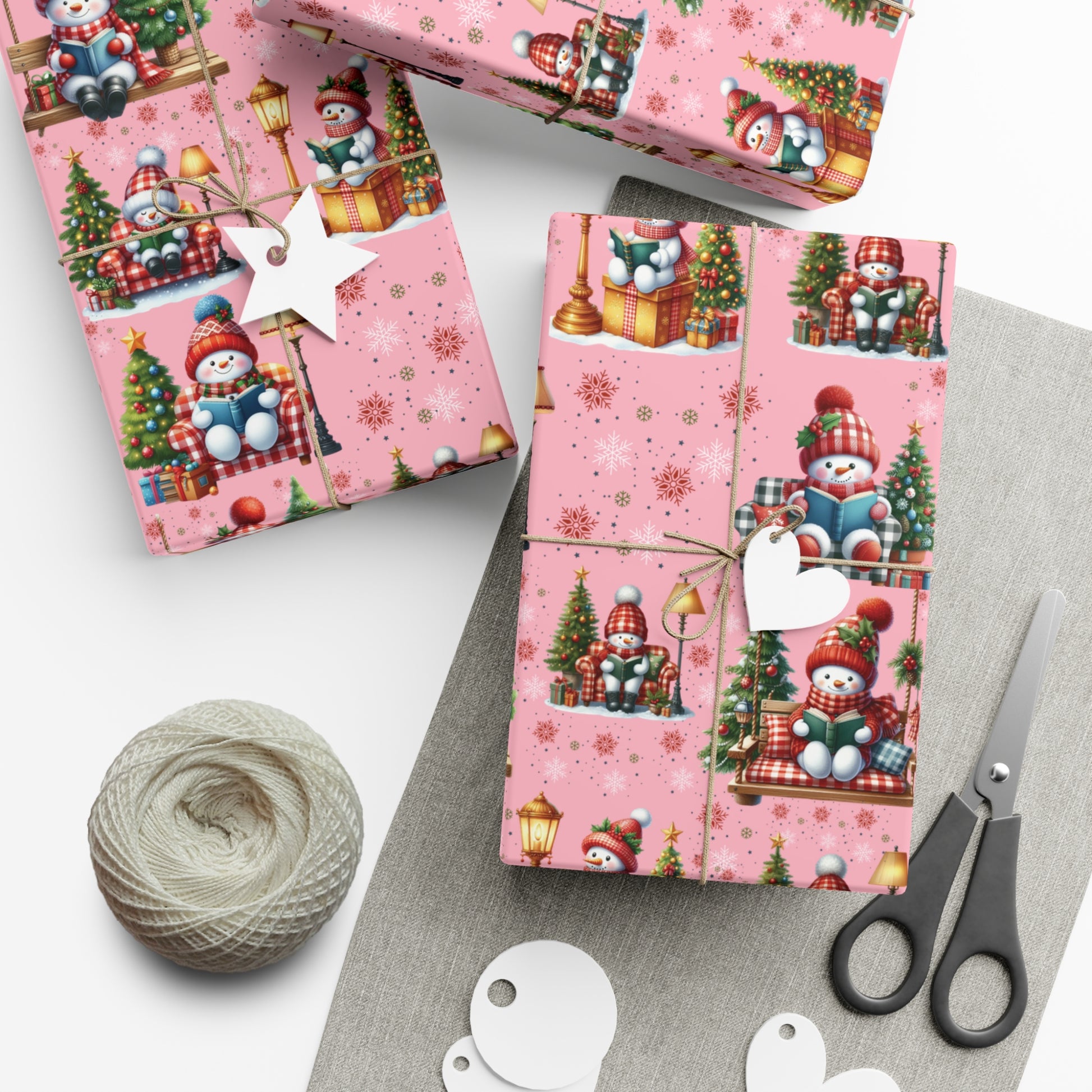 Pink Christmas Snowman Wrapping Paper with Adorable Pink Bows Perfect for Whimsical Christmas Gift Wrap | Festive Holiday Present Wrapping Sheets - MRSBYVALLE