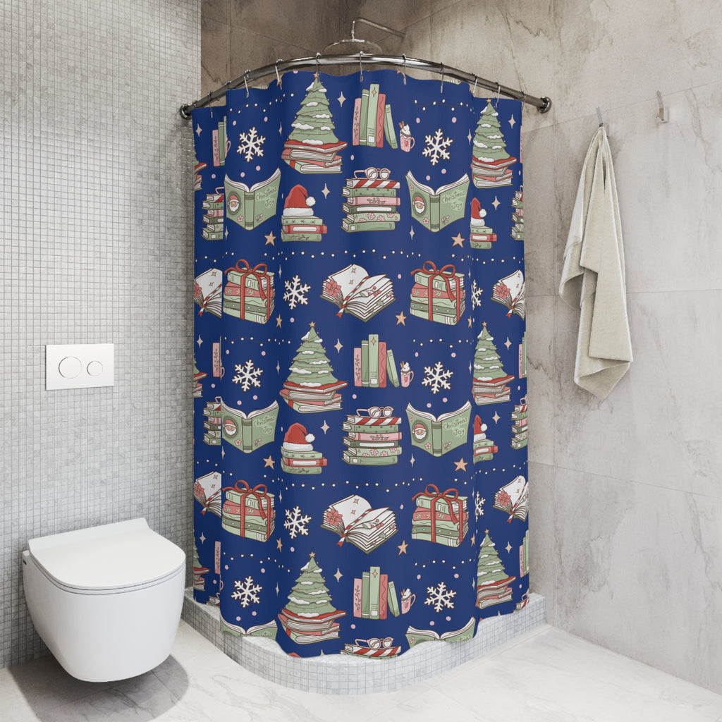 Shower Curtain - Royal Blue Christmas Books and Coffee Design