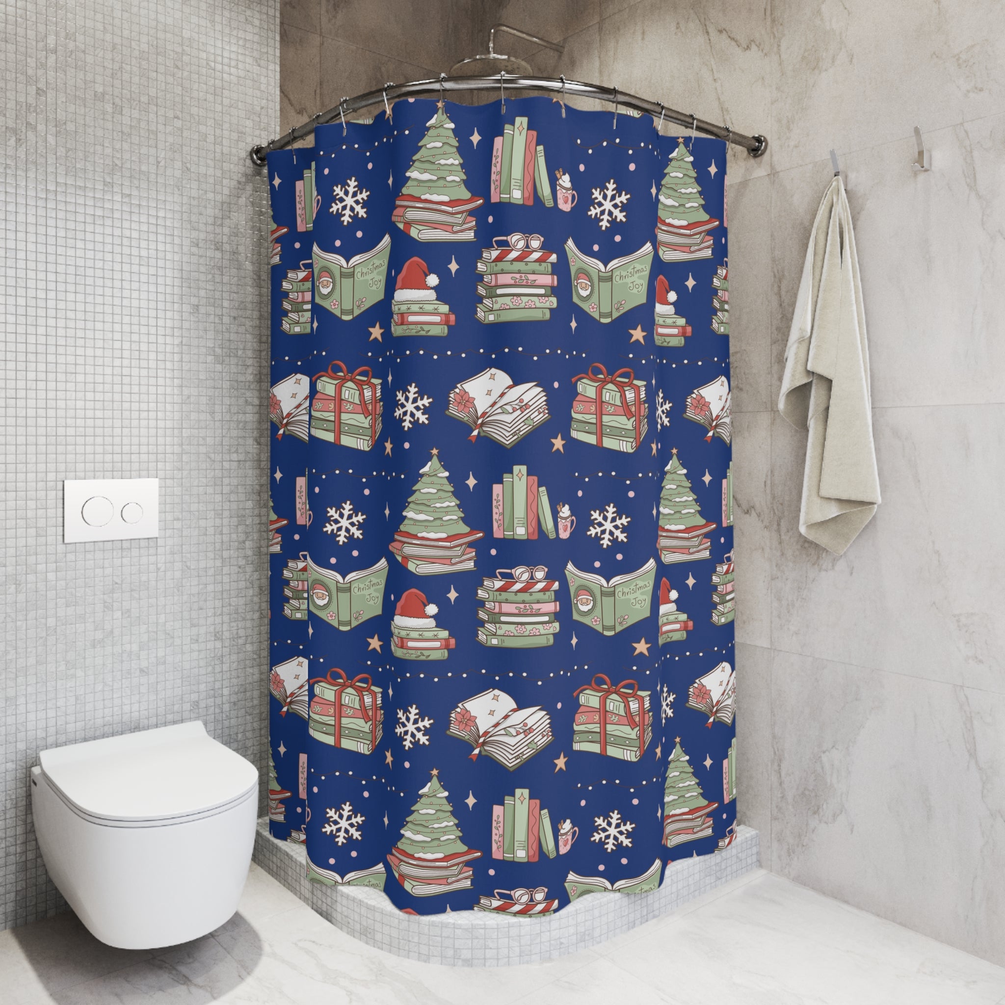 Shower Curtain - Royal Blue Christmas Books and Coffee Design