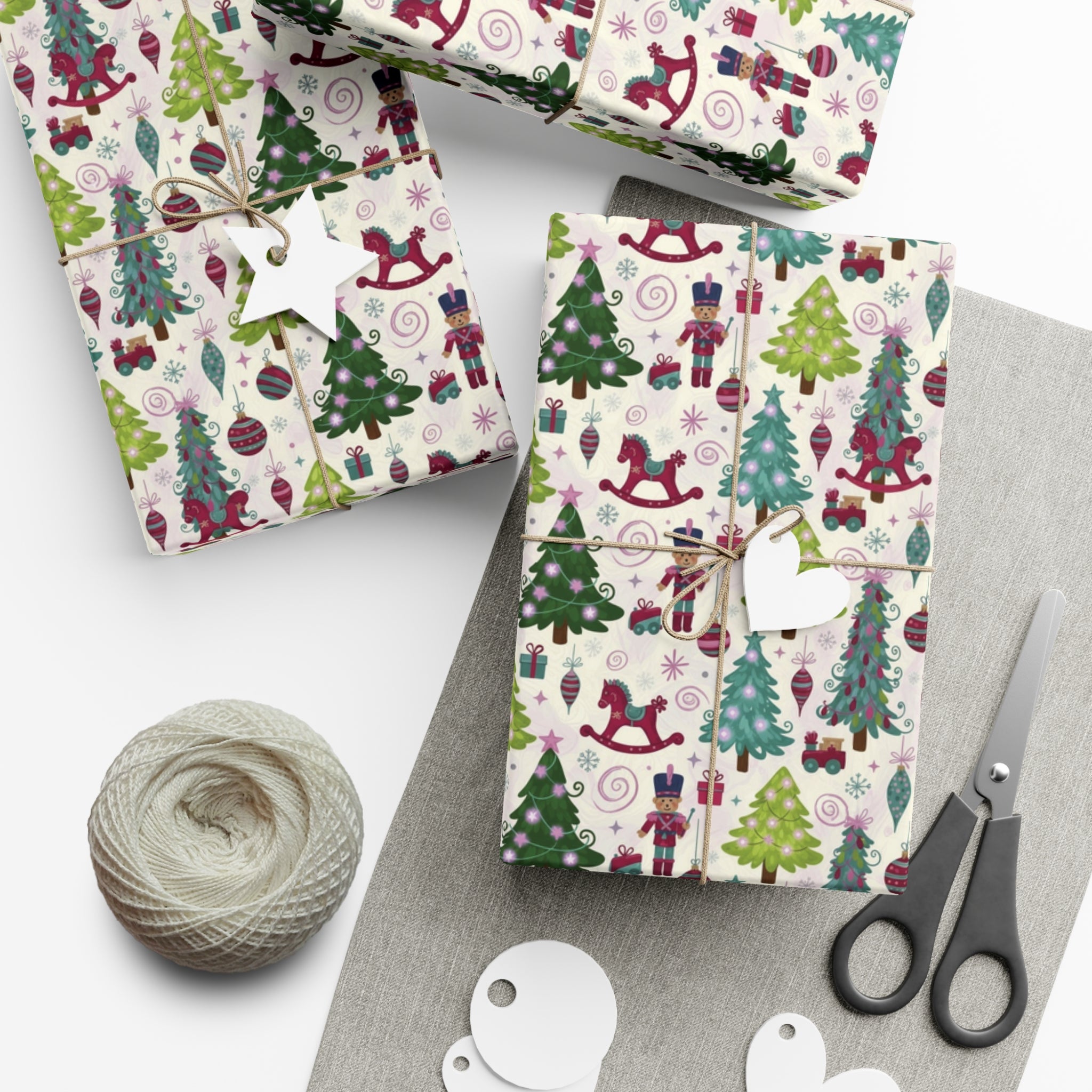 Festive Christmas wrapping paper with toys, trees & holiday icons. Available in 3 sizes—perfect for gifts, parties & seasonal décor.