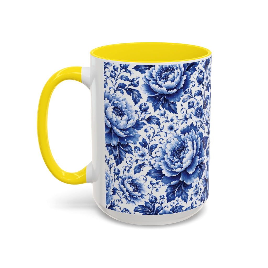 Blue Floral Ceramic Coffee Mug — Vintage Delft Peony Accent (11oz & 15oz) Blue & White Chinoiserie Tea Mug
