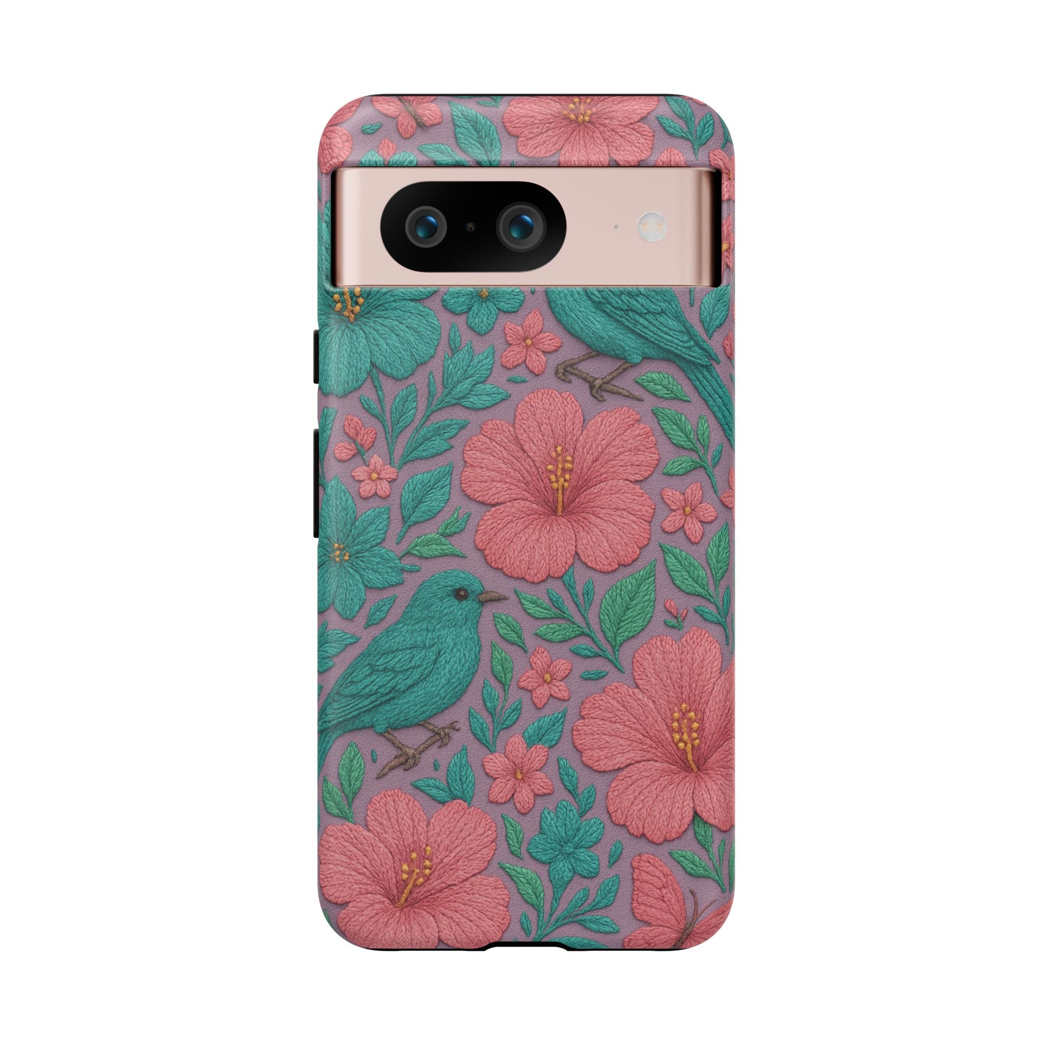 Turquoise, Pink and Lavender 3D Embroidery Illusion Phone Case Tropical Flowers, Birds & Butterflies Cover with Bold, Realistic Floral Texture iPhone, Samsung