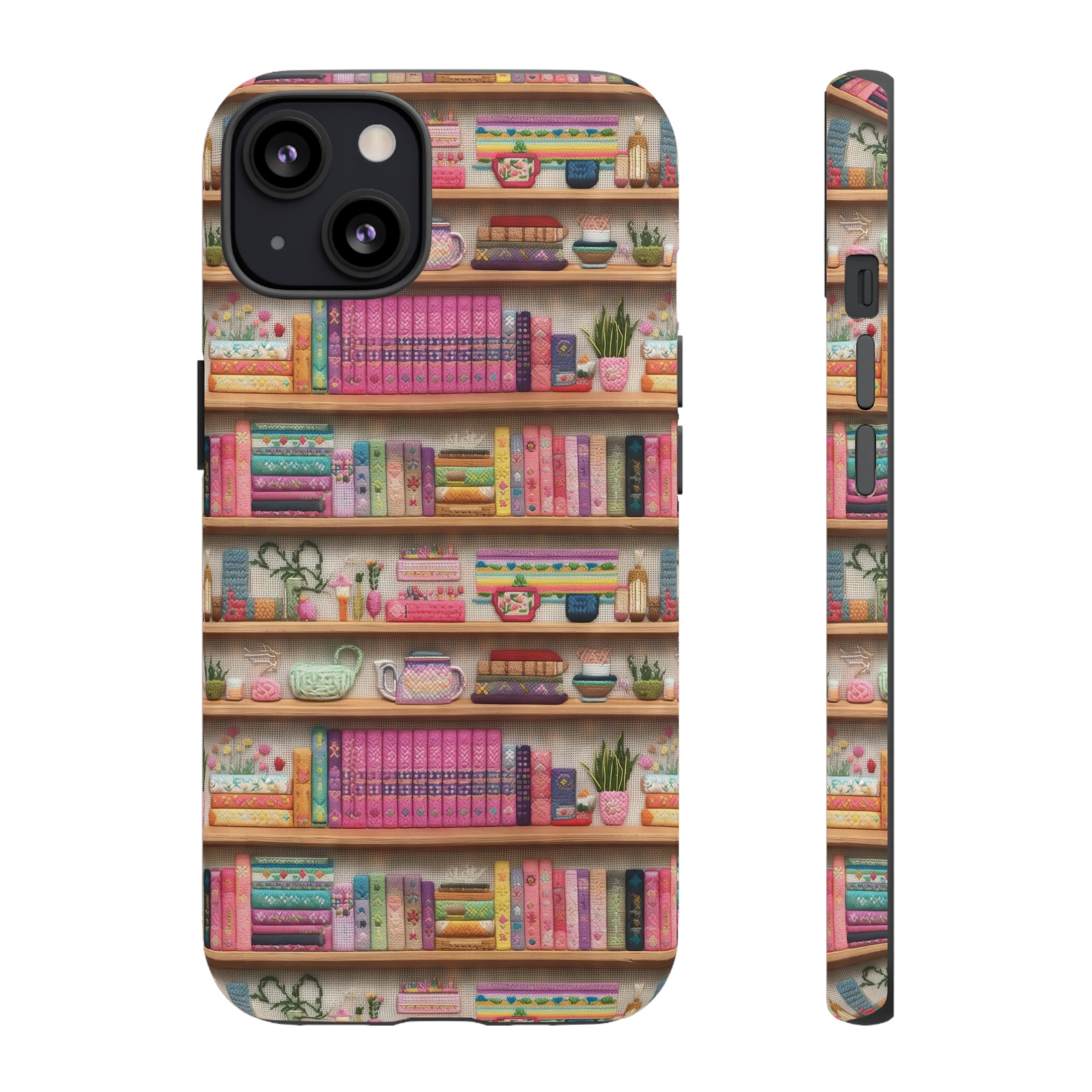 Phone Case 3D Illusion Books & Shelf Embroidery Design with Vibrant Colors Gift for Her Phone 15, Samsung iPhone Samsung Gift for Her Case iPhone 15, Samsung iPhone Samsung Accessory Gift for Her.