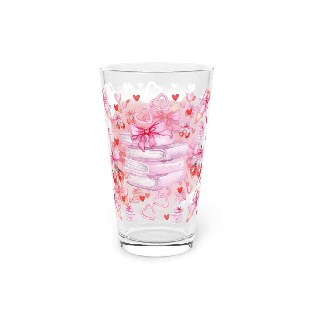 Romantic Pink Books and Bows Pint Glass | 16oz Party Drinkware Book Lover