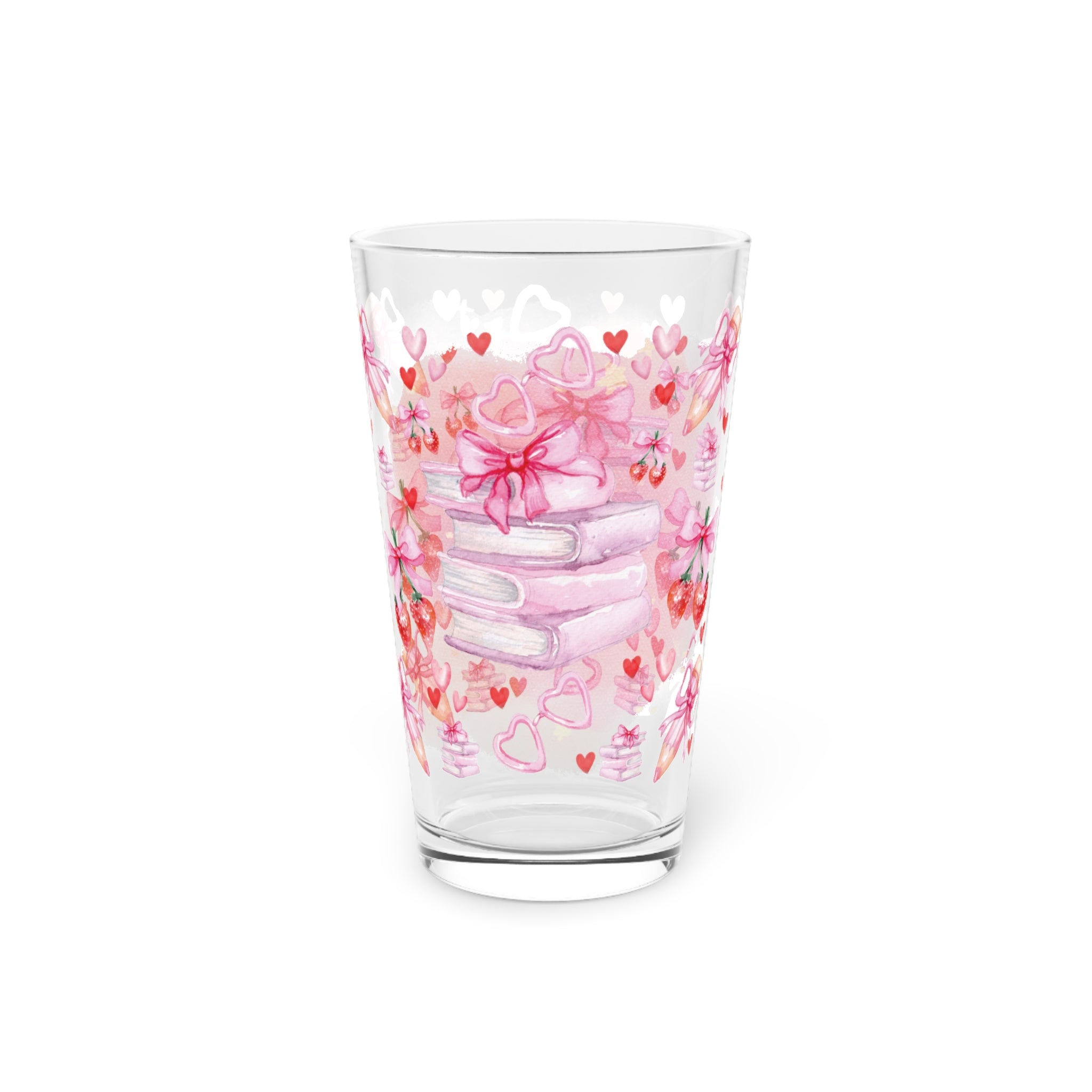 Romantic Pink Books and Bows Pint Glass | 16oz Party Drinkware Book Lover