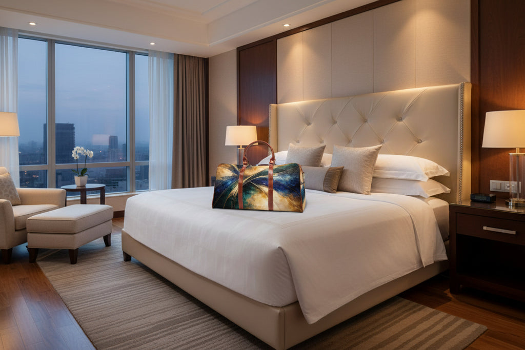 Leather-bound travel bag with abstract design on a white background