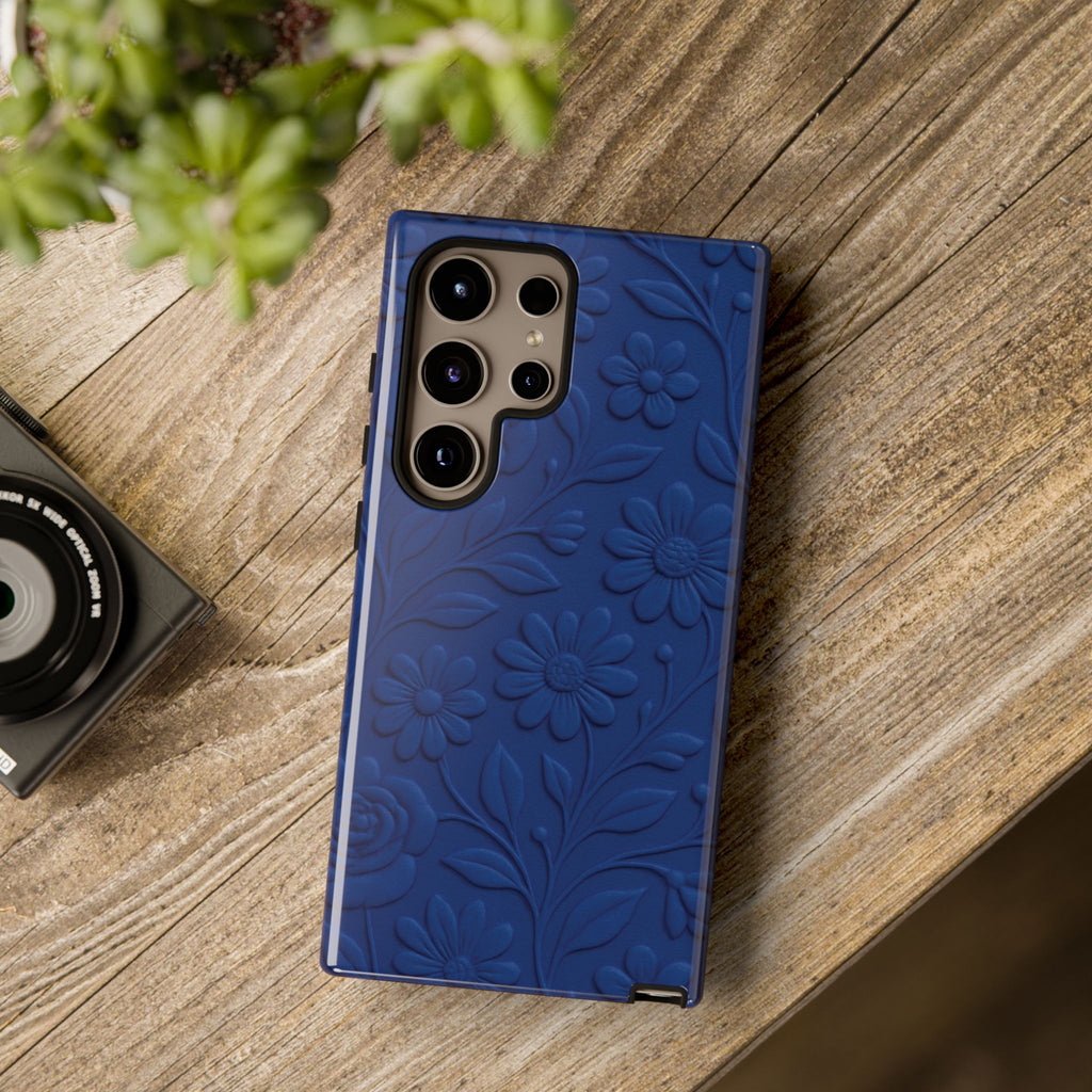 3D Illusion Floral Cobalt Blue Phone Case Elegant Raised Flower Design, Seamless Textured Look, Durable & Stylish Protection for iPhone and Android Models Fits iPhone & Samsung Models