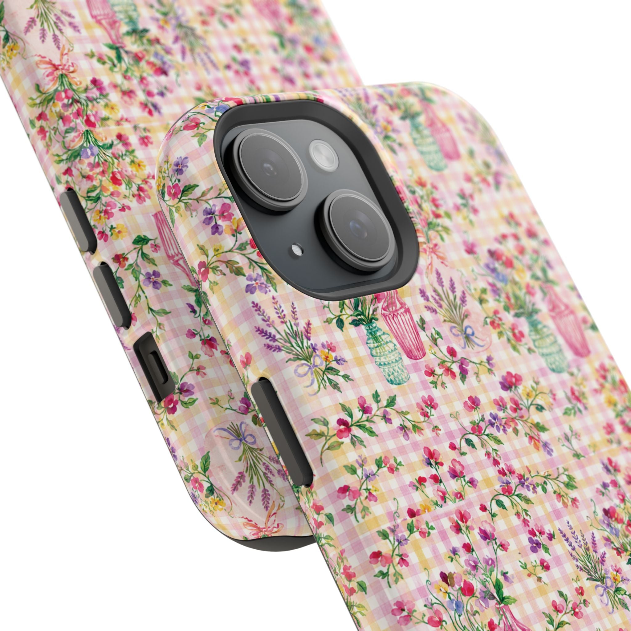 Turquoise & Pink Floral Checker Phone Case — Magnetic Impact-Resistant