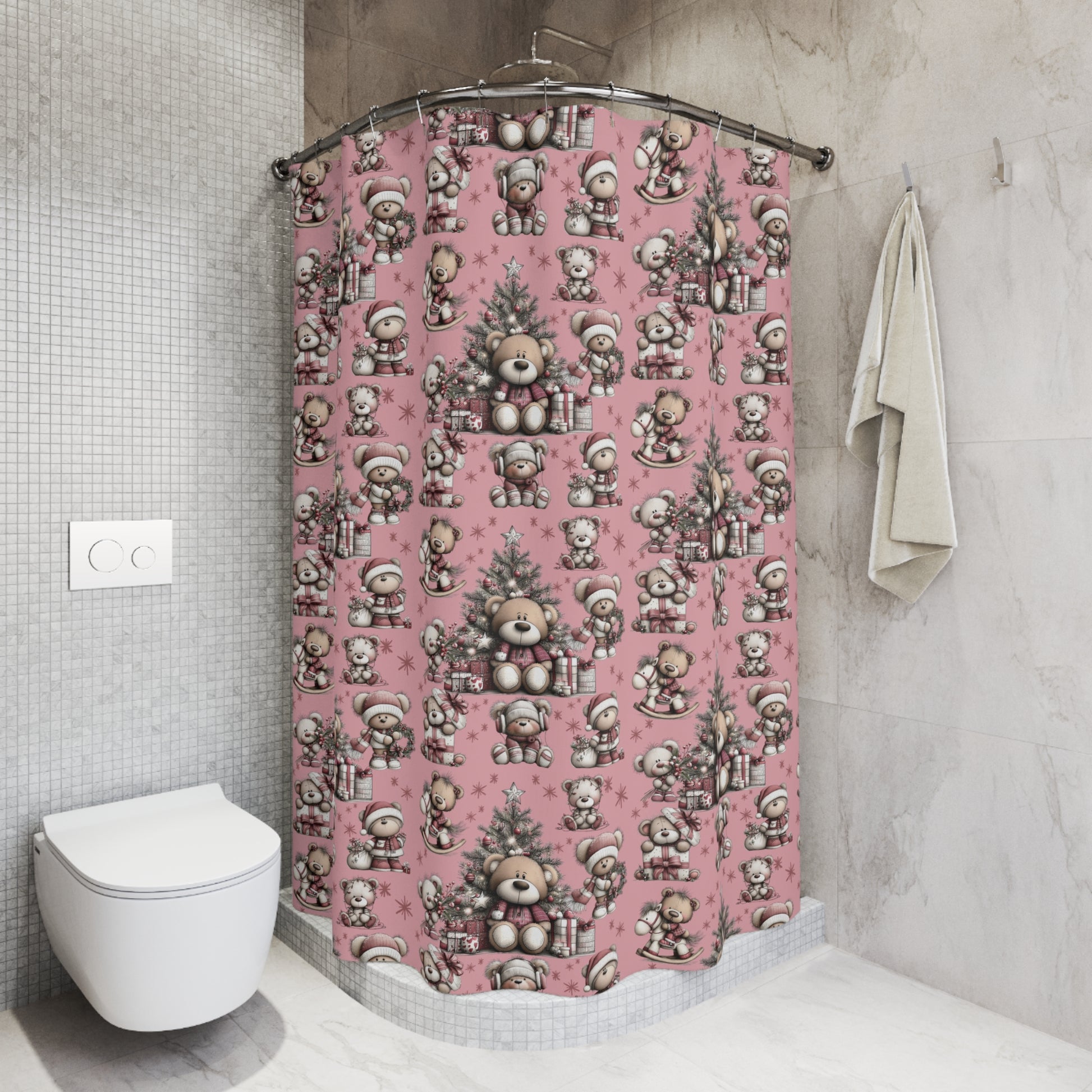 Whimsical Pink Teddy Bear Shower Curtain | Cute Holiday Bathroom Decor Gift