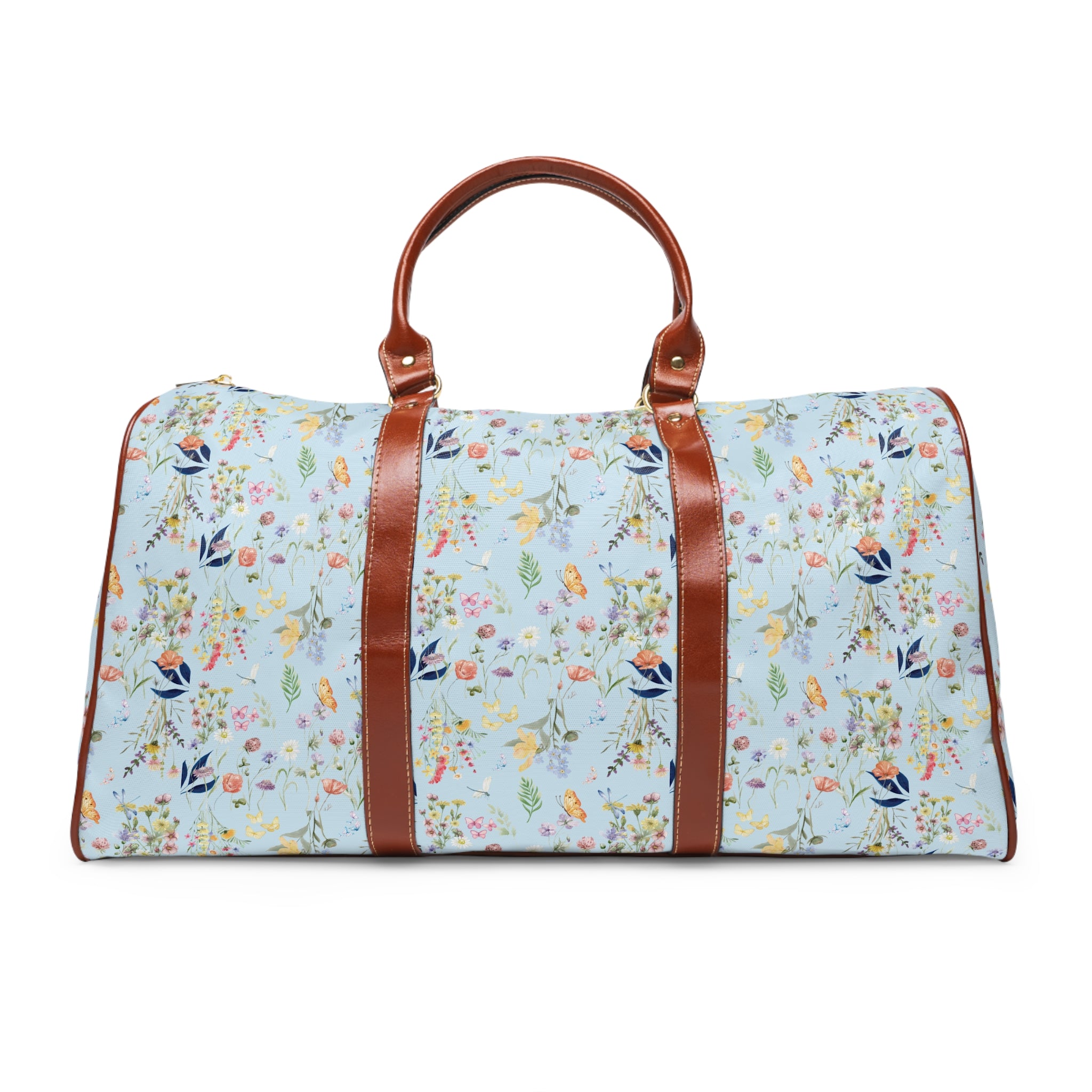 Icy Blue Floral Waterproof Travel Duffel  Watercolor Wildflowers Carry-On Bag