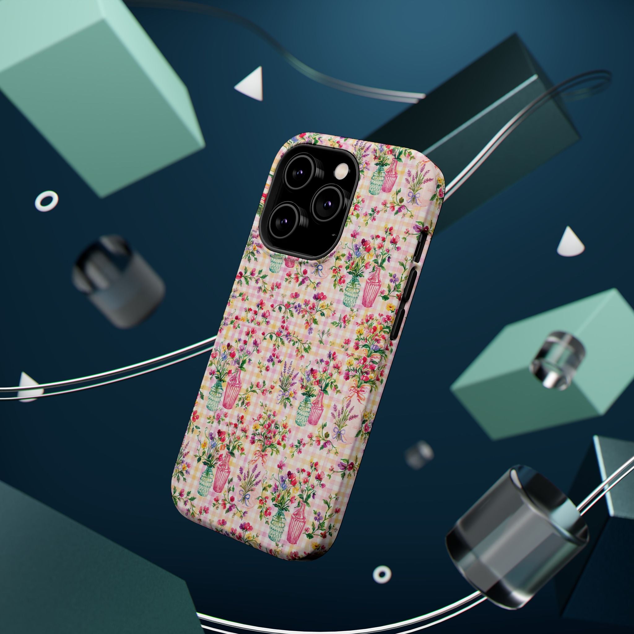Turquoise & Pink Floral Checker Phone Case — Magnetic Impact-Resistant