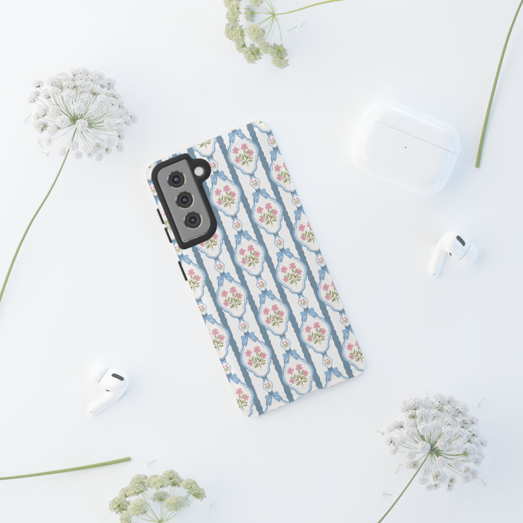 Coque de téléphone Vintage Nœud Bleu et Rose — Motif floral romantique « Tough Cases »
