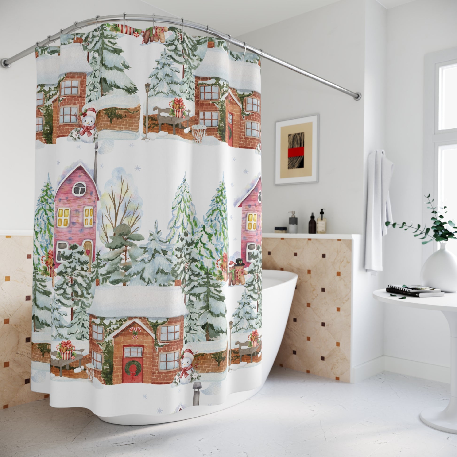 Watercolor Christmas Shower Curtain | Festive Holiday Bathroom Decor | Winter Wonderland Snowy Scene with Trees, Gifts Cozy Cheer Hooks Not Included