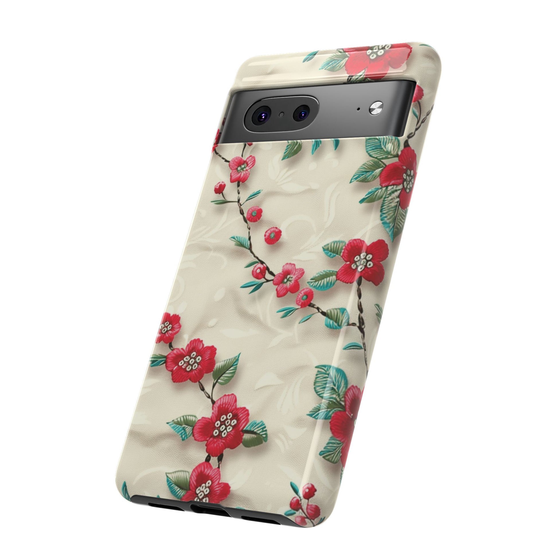 3D Embroidery Illusion Red Flowers Phone Case for iPhone, Samsung Pixel Artistic Floral Protection 15 14 13 12, 21 23 Gift for Her Perfect for Floral Lover