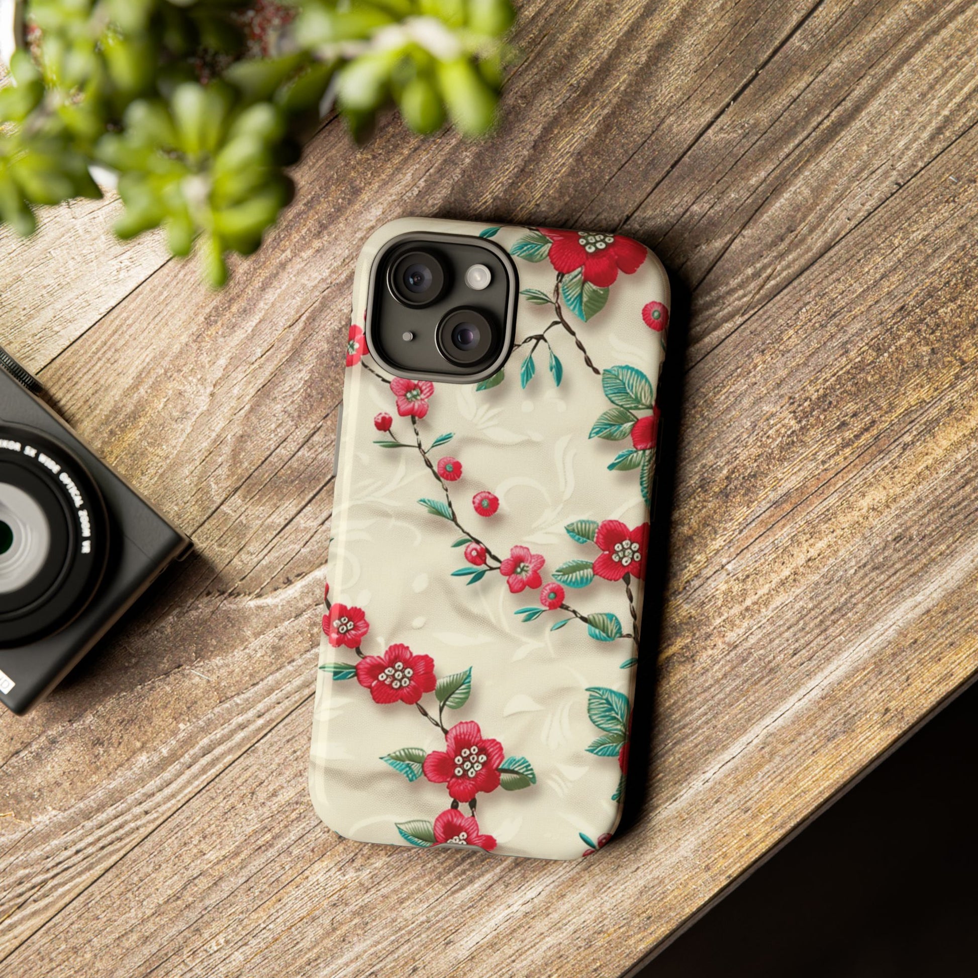 3D Embroidery Illusion Red Flowers Phone Case for iPhone, Samsung Pixel Artistic Floral Protection 15 14 13 12, 21 23 Gift for Her Perfect for Floral Lover