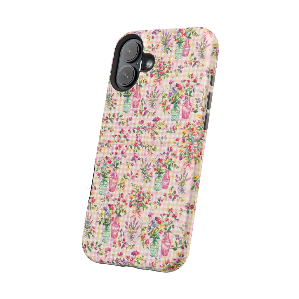 Turquoise & Pink Floral Checker Phone Case — Magnetic Impact-Resistant