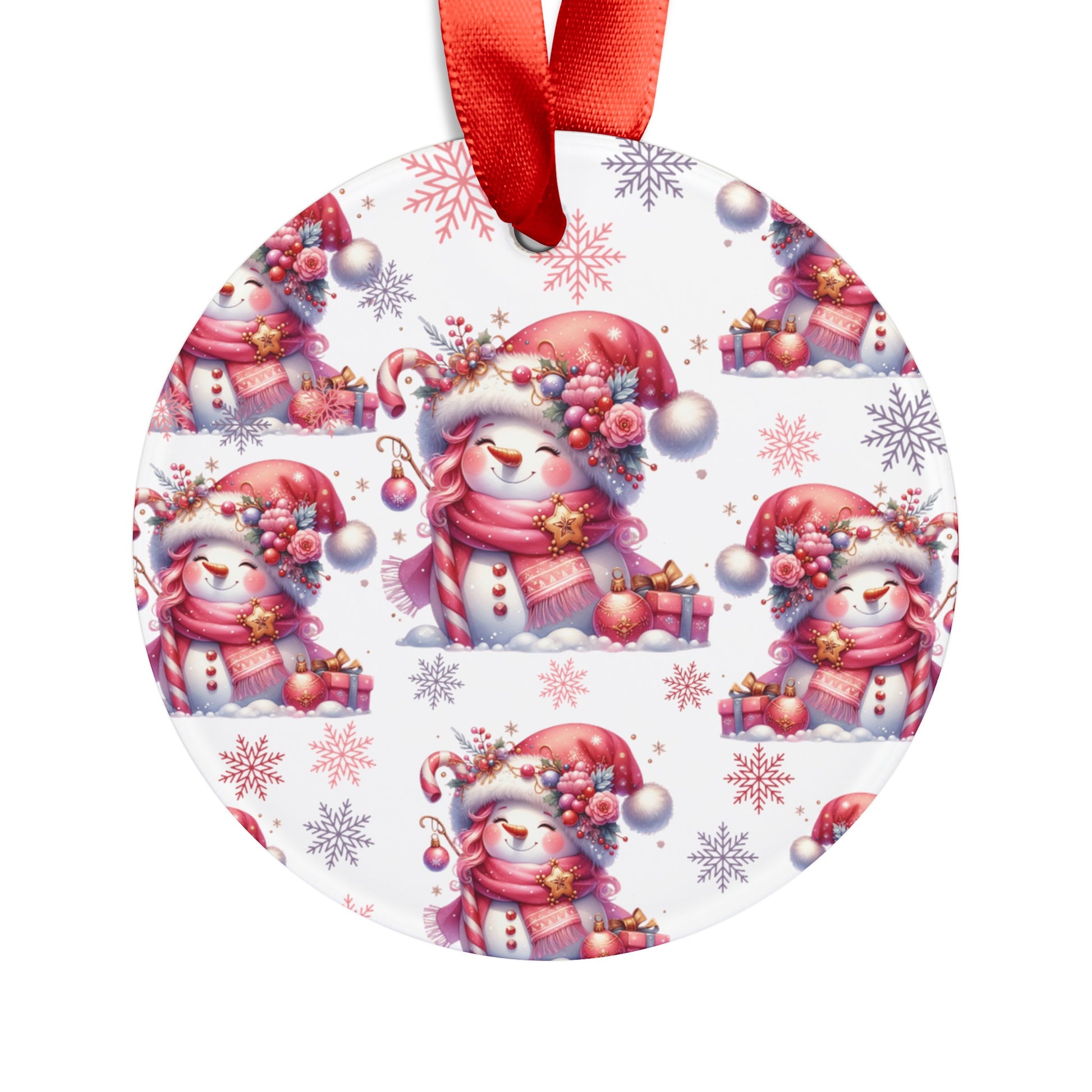 Pink Christmas Snow People Acrylic Ornament with Ribbon Perfect Holiday Decoration and Gift Durable Holiday Keepsake | Charming Winter Design | Ideal for Tree Trimming and Gift Giving - MRSBYVALLE