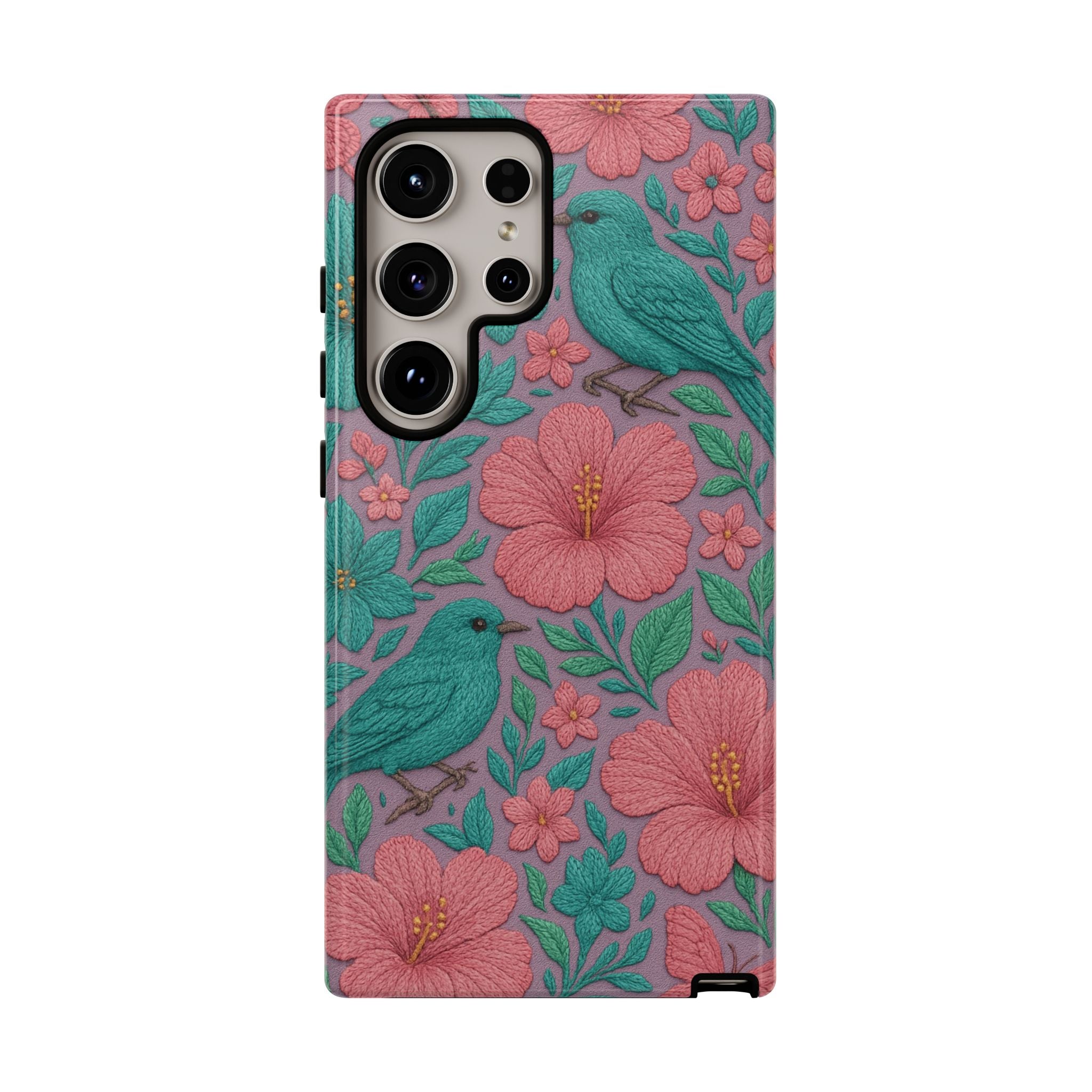Turquoise, Pink and Lavender 3D Embroidery Illusion Phone Case Tropical Flowers, Birds & Butterflies Cover with Bold, Realistic Floral Texture iPhone, Samsung
