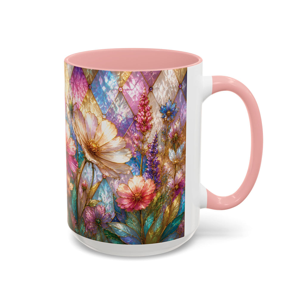 Floral Mosaic Accent Coffee Mug — Colorful Garden Flowers 11/15oz Stain Glass Illusion