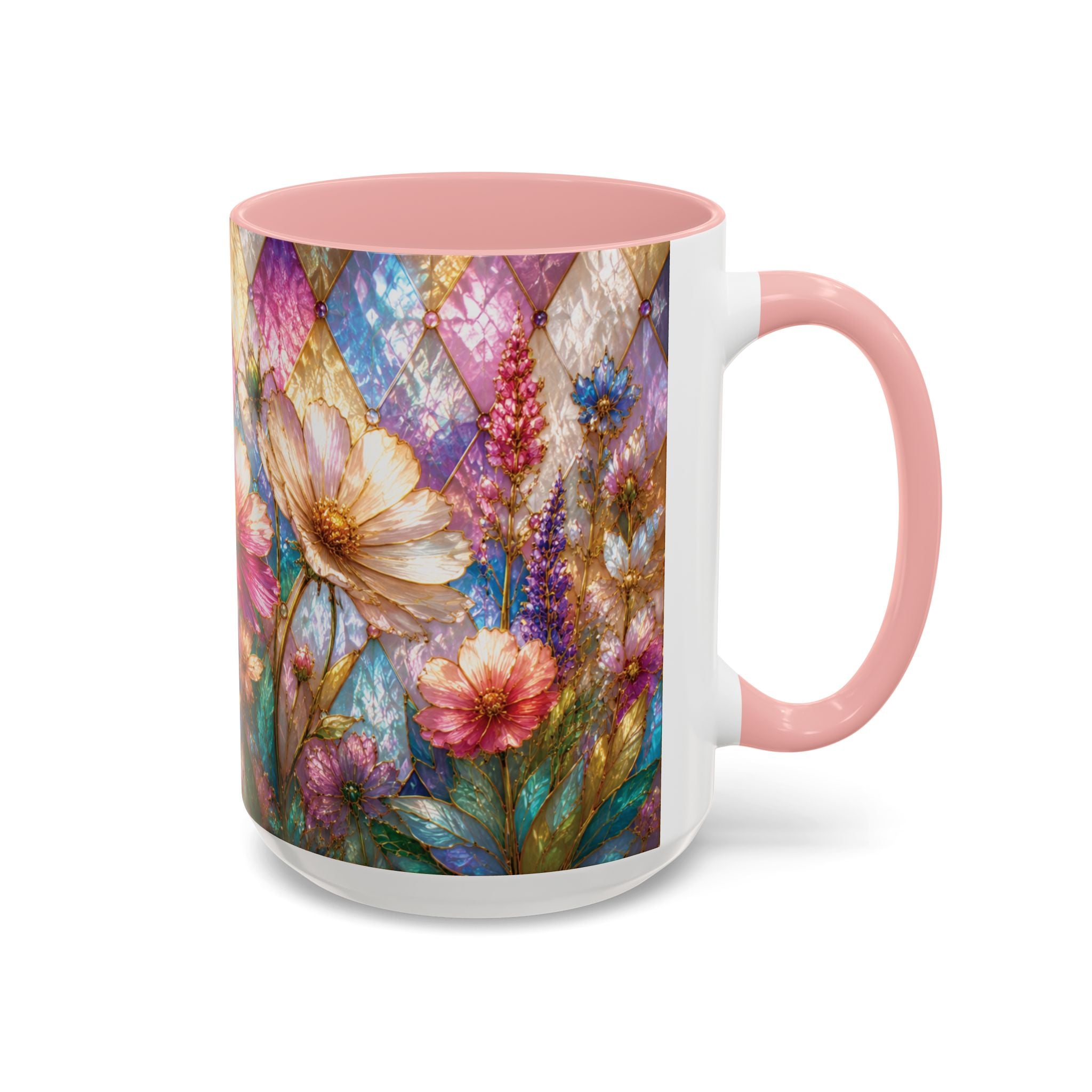 Floral Mosaic Accent Coffee Mug — Colorful Garden Flowers 11/15oz Stain Glass Illusion