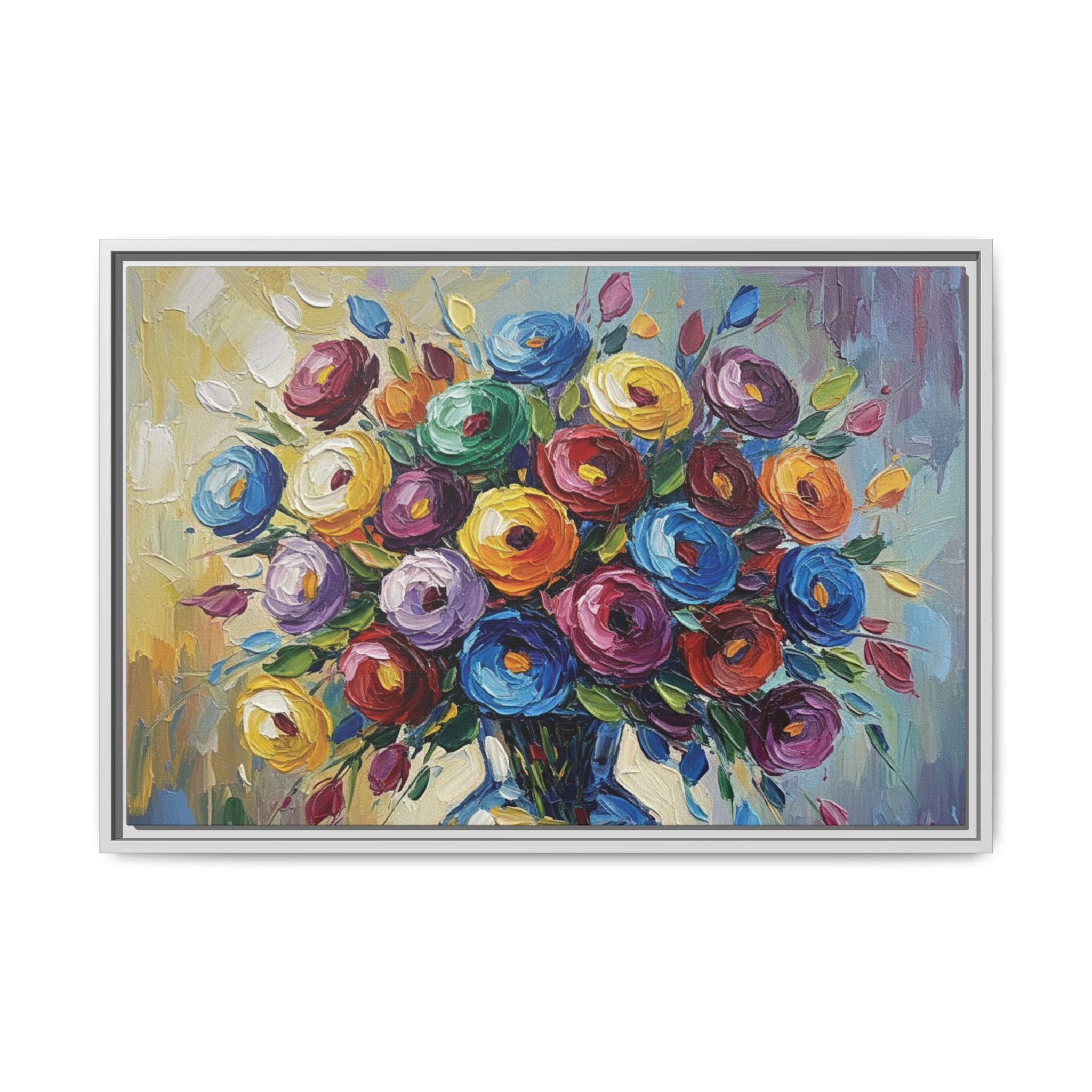 Impression sur toile bouquet floral aquarelle - Tableau mural encadré mat - Illusion de peinture à l'huile vibrante