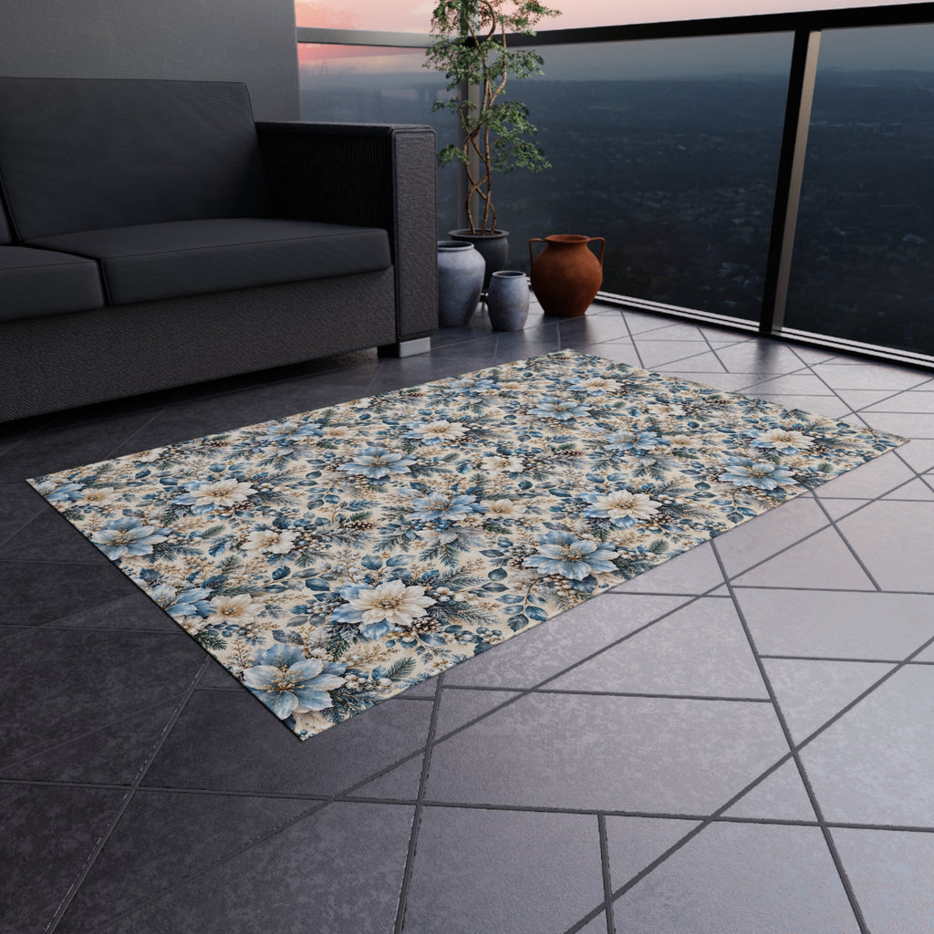 Icy Blue Floral Outdoor Patio Rug