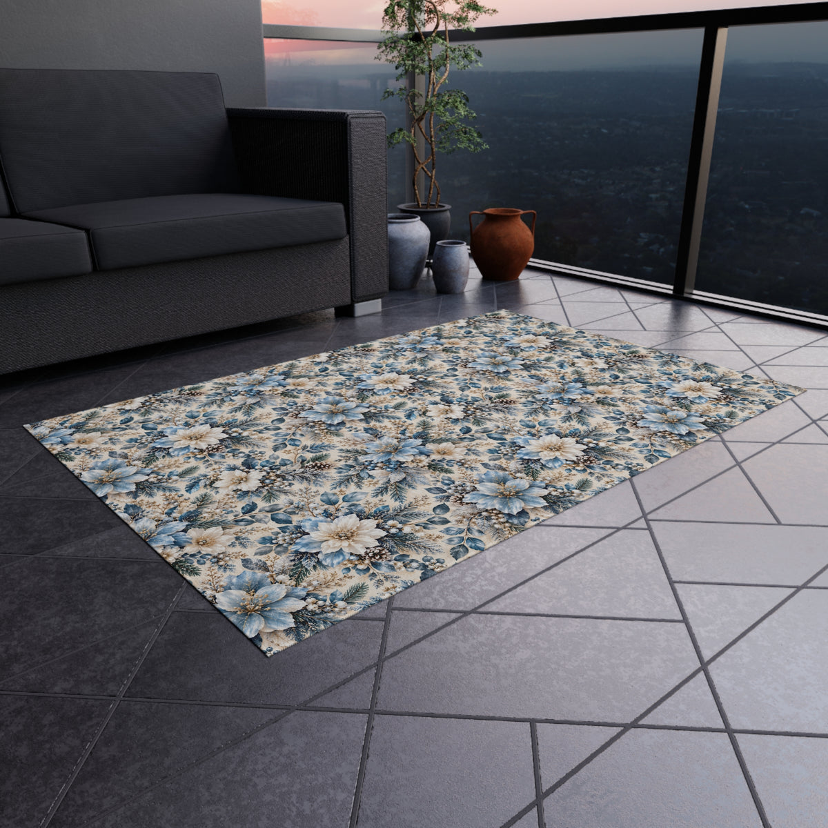 Icy Blue Floral Outdoor Patio Rug
