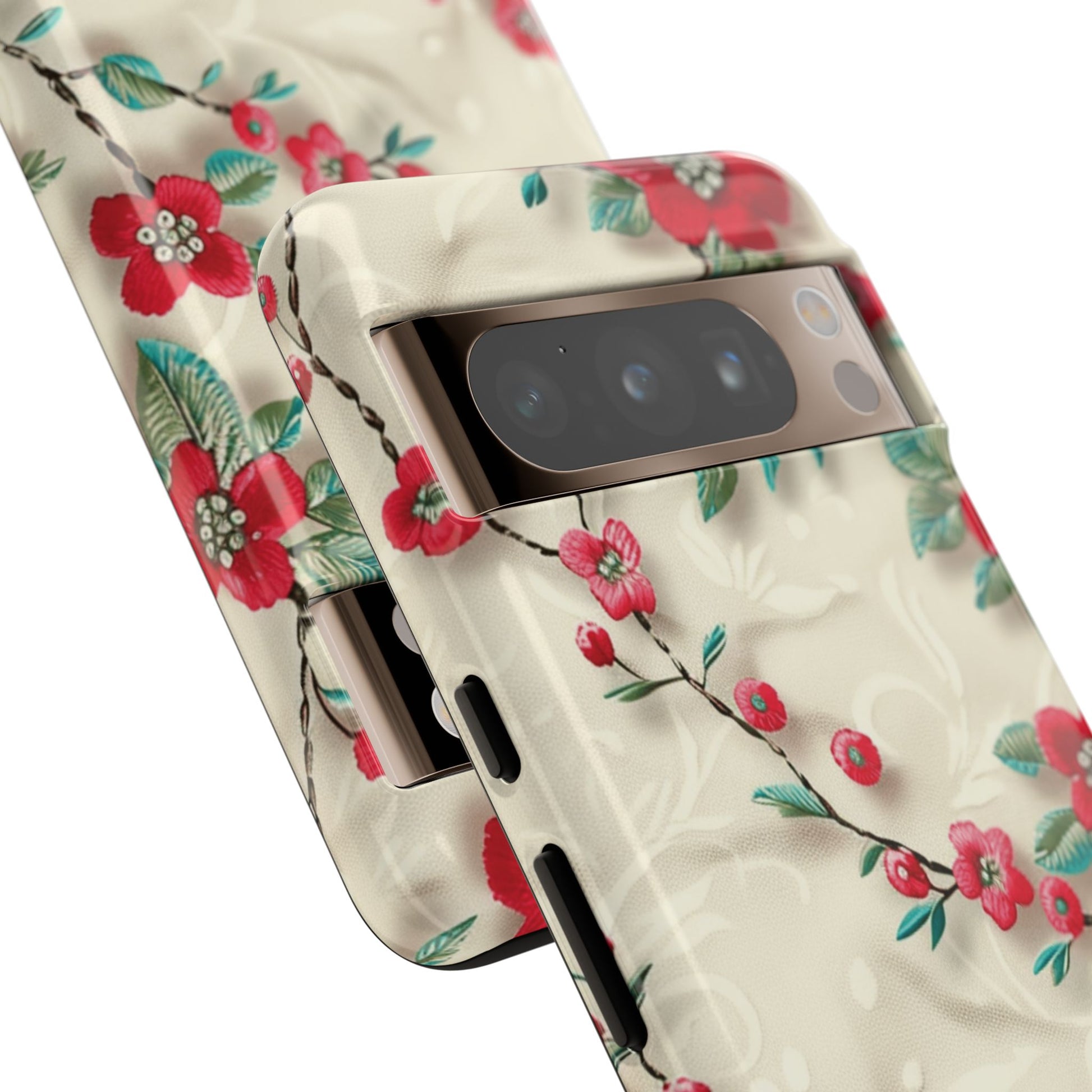 3D Embroidery Illusion Red Flowers Phone Case for iPhone, Samsung Pixel Artistic Floral Protection 15 14 13 12, 21 23 Gift for Her Perfect for Floral Lover