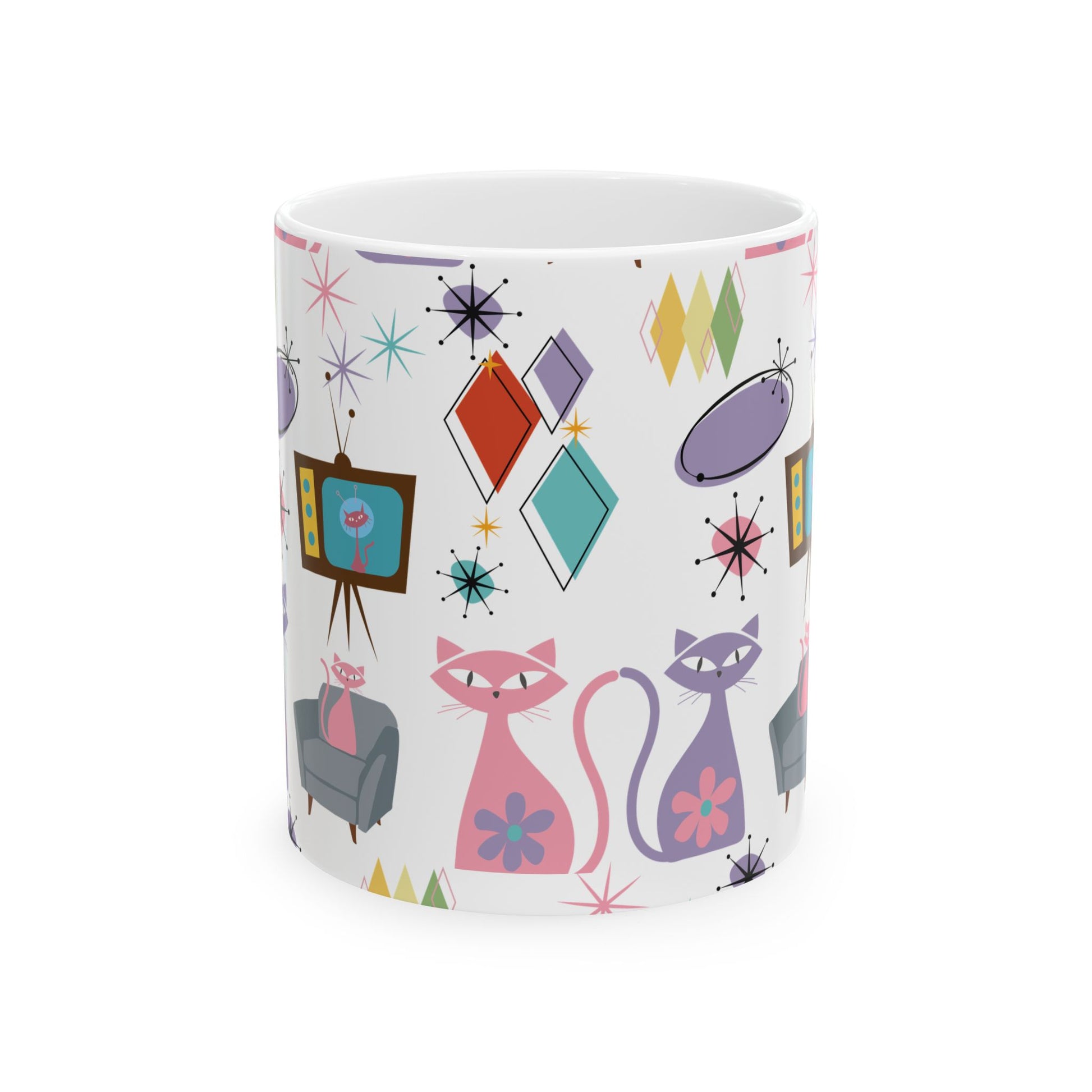 Retro Atomic Cat Mug,  Mid Century Modern Coffee Cup, Vintage Kitty Design , 11oz & 15oz Ceramic Mug for Cat Lovers Gift for Mom and Coffee Lover