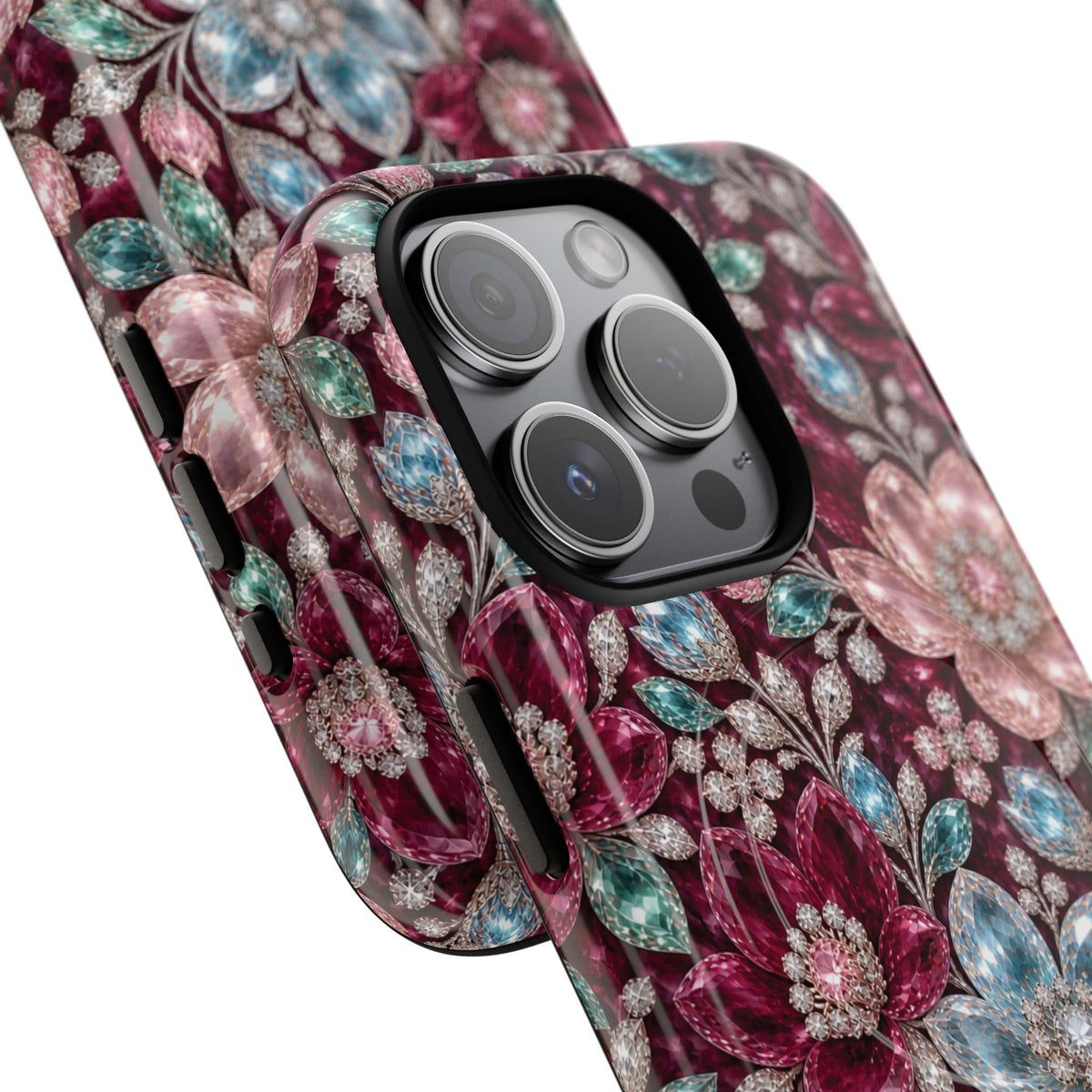 Floral faux Jewel Phone Case Sparkling Burgundy Flower Tough Magnetic Case 18 iPhone