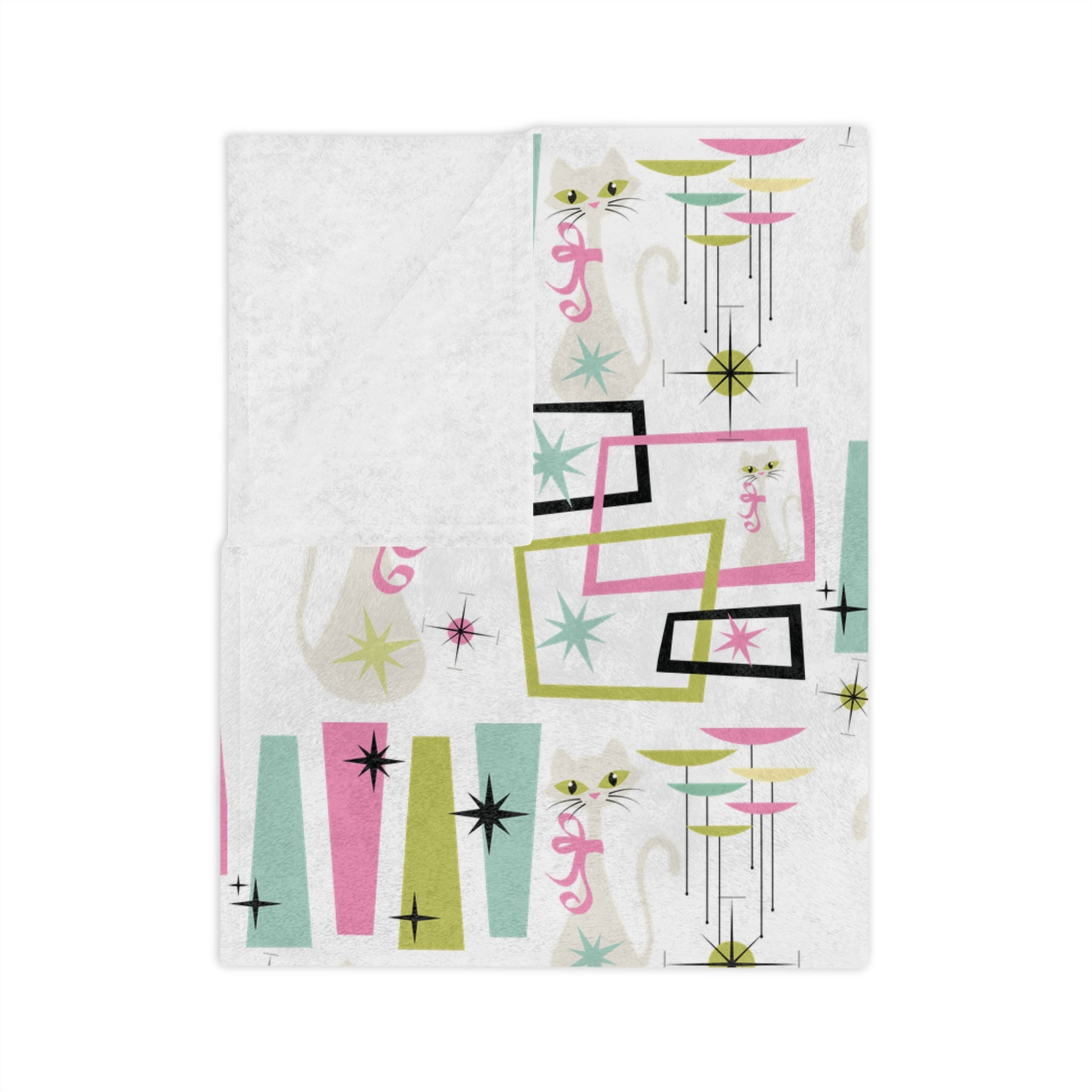 Pastel Atomic Kitty Cats Square Minky Blanket  Retro Mid-Century Modern Style for a Chic Throw in 60x50 & 80x60, Vintage Lightweight, Warm, Perfect for Home & Gift Giving Housewarming Gift Throw