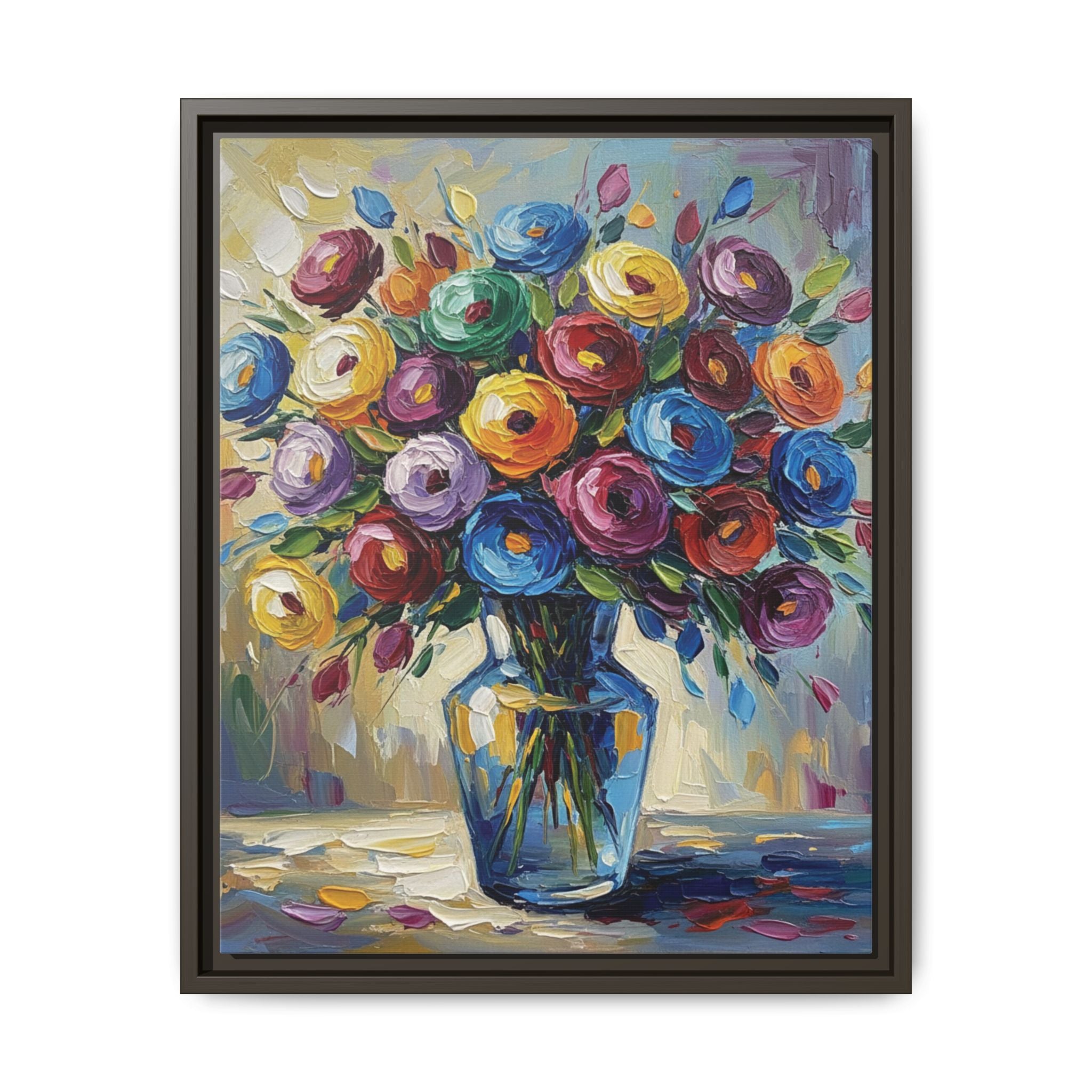 Impression sur toile bouquet floral aquarelle - Tableau mural encadré mat - Illusion de peinture à l'huile vibrante