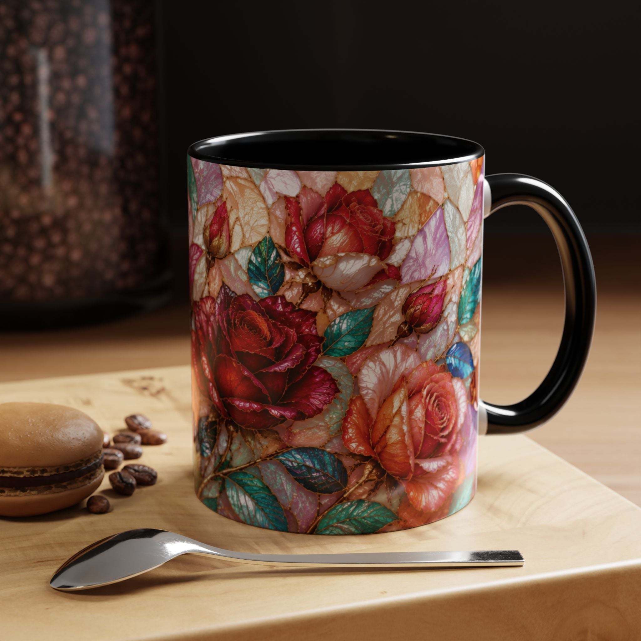 Floral Stained-Glass Accent Coffee Mug Colorful Rose Pattern (11/15 oz) Gift for Her