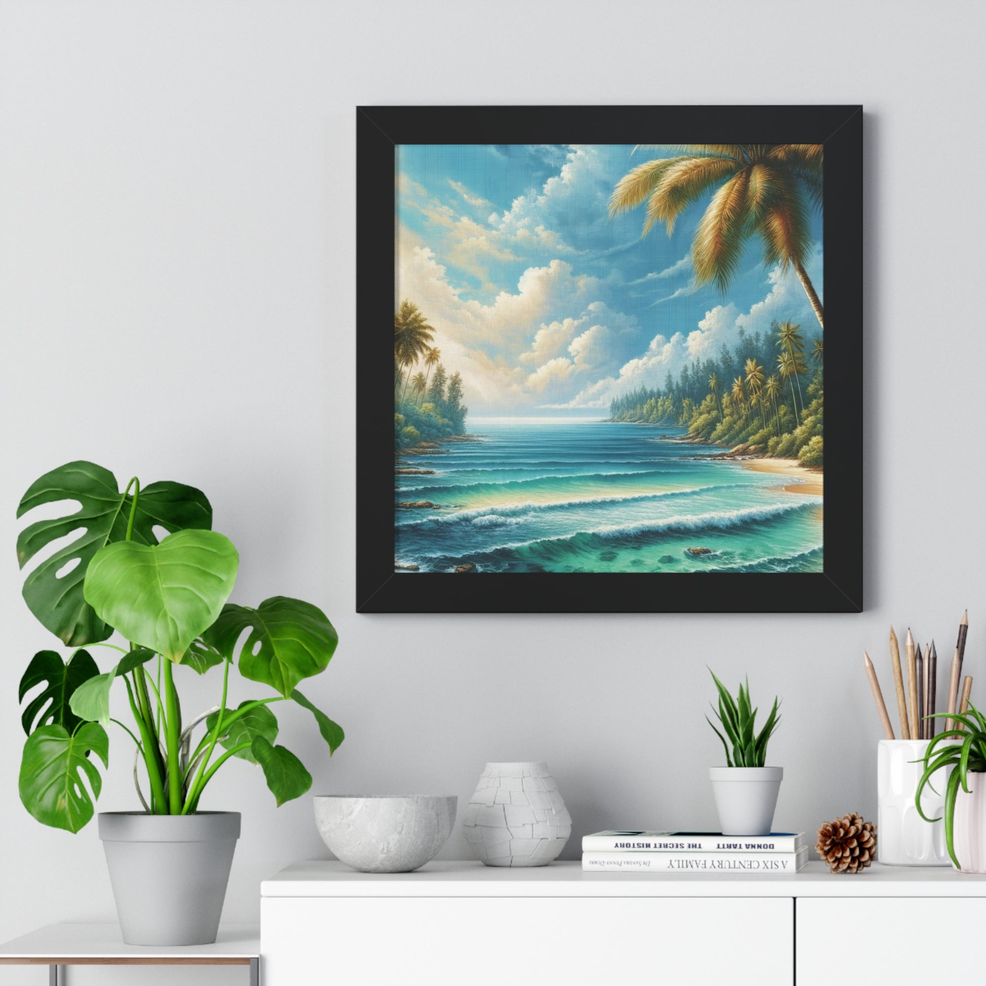 Coastal Bliss Ocean Beach View Framed Canvas Wall Art for Home Decor Framed Canvas Print Wall Art Classic Encased in Black, White, or Walnut Frames with Durable Acrylic Protection Ready to Hang  Timelessly Crafted..