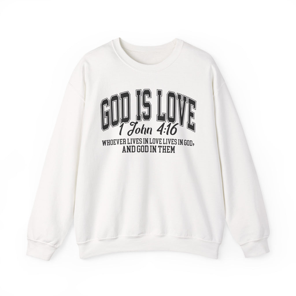 White sweatshirt with 'God is Love' text on a white background
