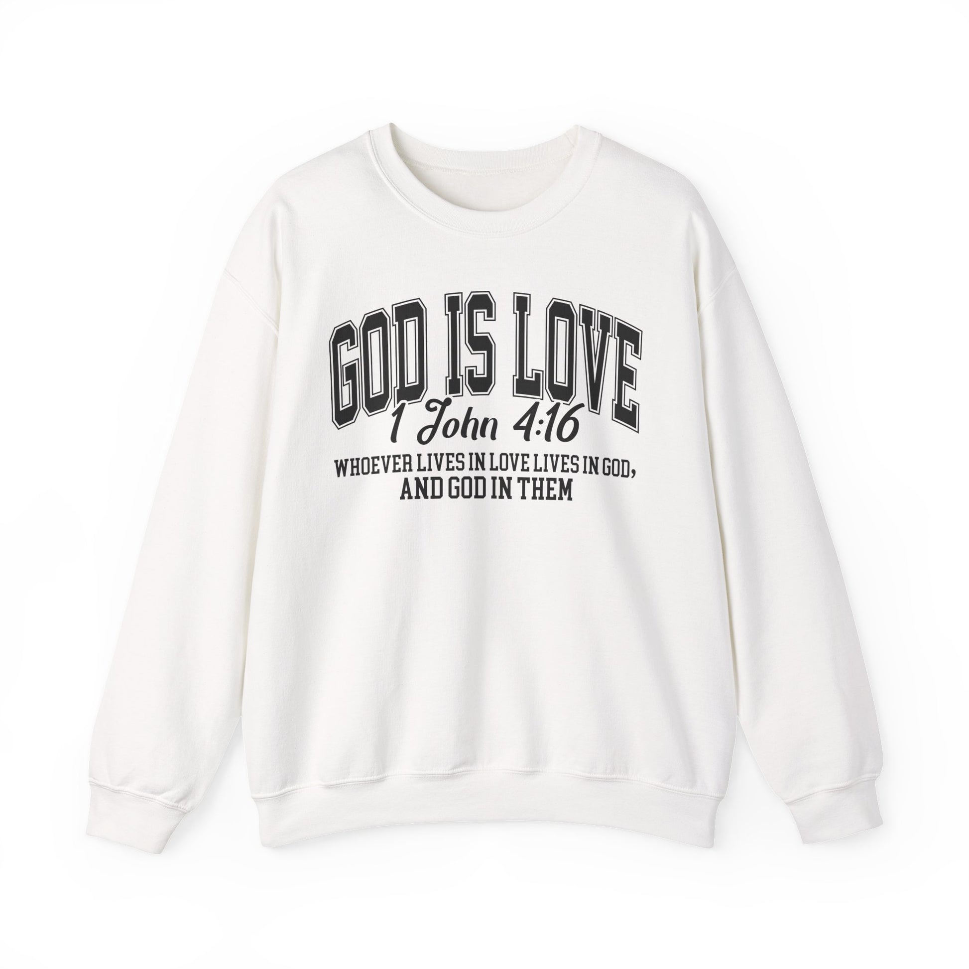 White sweatshirt with 'God is Love' text on a white background