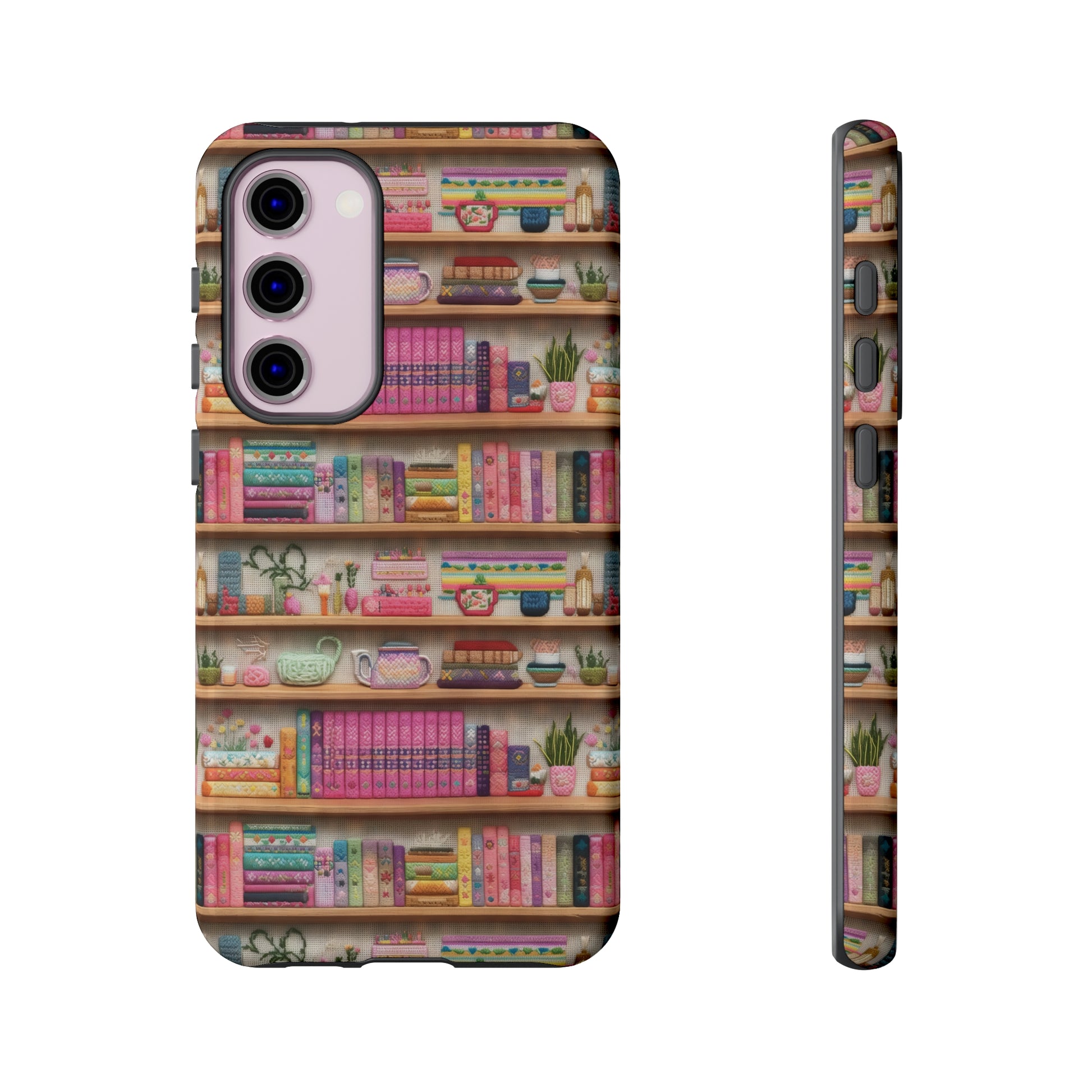 Phone Case 3D Illusion Books & Shelf Embroidery Design with Vibrant Colors Gift for Her Phone 15, Samsung iPhone Samsung Gift for Her Case iPhone 15, Samsung iPhone Samsung Accessory Gift for Her.