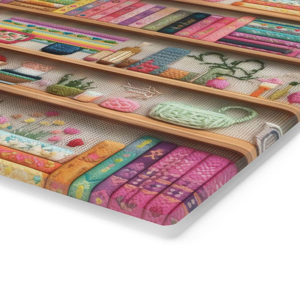 Charming 3D Embroidery Illusion Books on Pastel Shelves Glass Cutting Board Perfect for Book Lovers' Kitchens Cooking Kitchen Decor Housewarming, New House Gift - MRSBYVALLE
