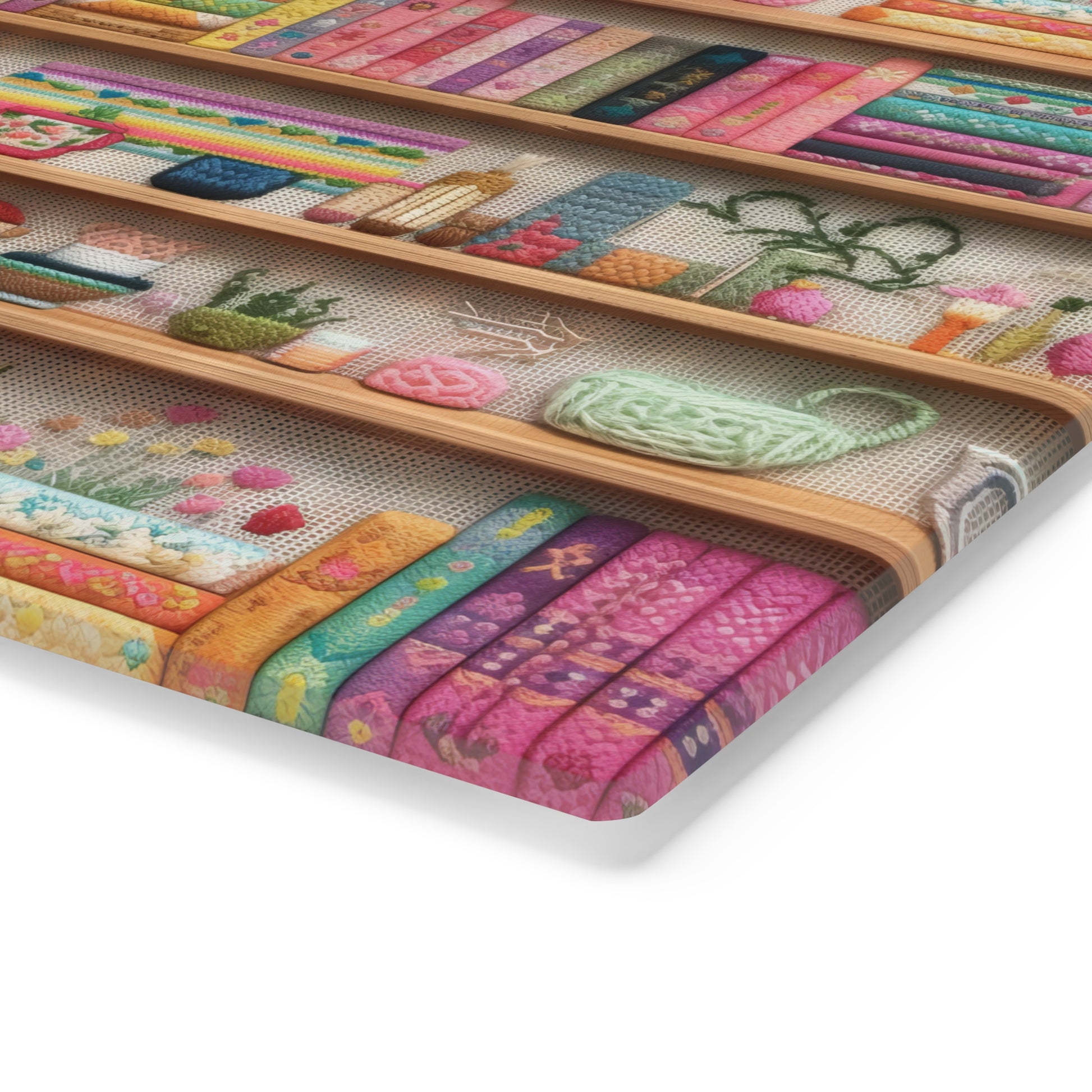 Charming 3D Embroidery Illusion Books on Pastel Shelves Glass Cutting Board Perfect for Book Lovers' Kitchens Cooking Kitchen Decor Housewarming, New House Gift - MRSBYVALLE