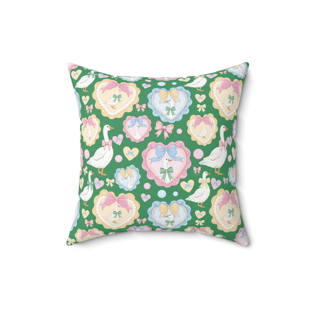 Whimsical Silly Goose Green Pillow with Pastel Bows & Hearts – Bedroom & Living Room Decor